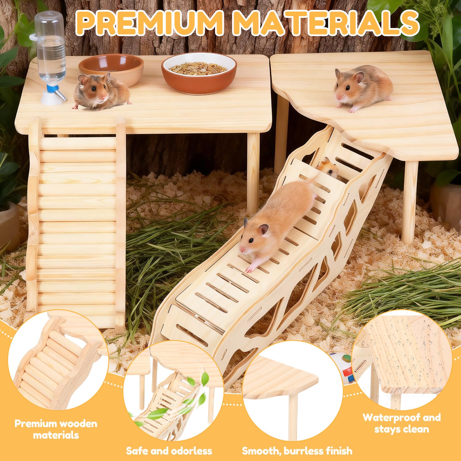 4-Piece Set Hamster Play Wooden Platform, Hamster Hides Tunnel Shelter w Ladder, Small Animal Wood Stand, Hamster Toys Cage Accessories for Dwarf Syrian Hamsters Gerbils Mice Degus or Other Small Pets - 4