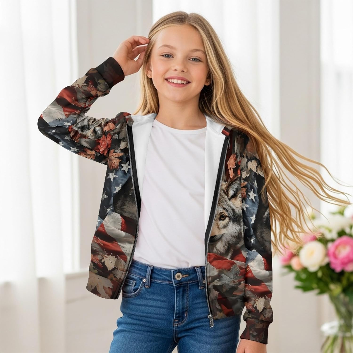 Girls Full Zip Cute Oversized Hoodies Animal Print Lightweight Hoodie Sweatshirt Casual Fall Spring Zip Up Jacket
