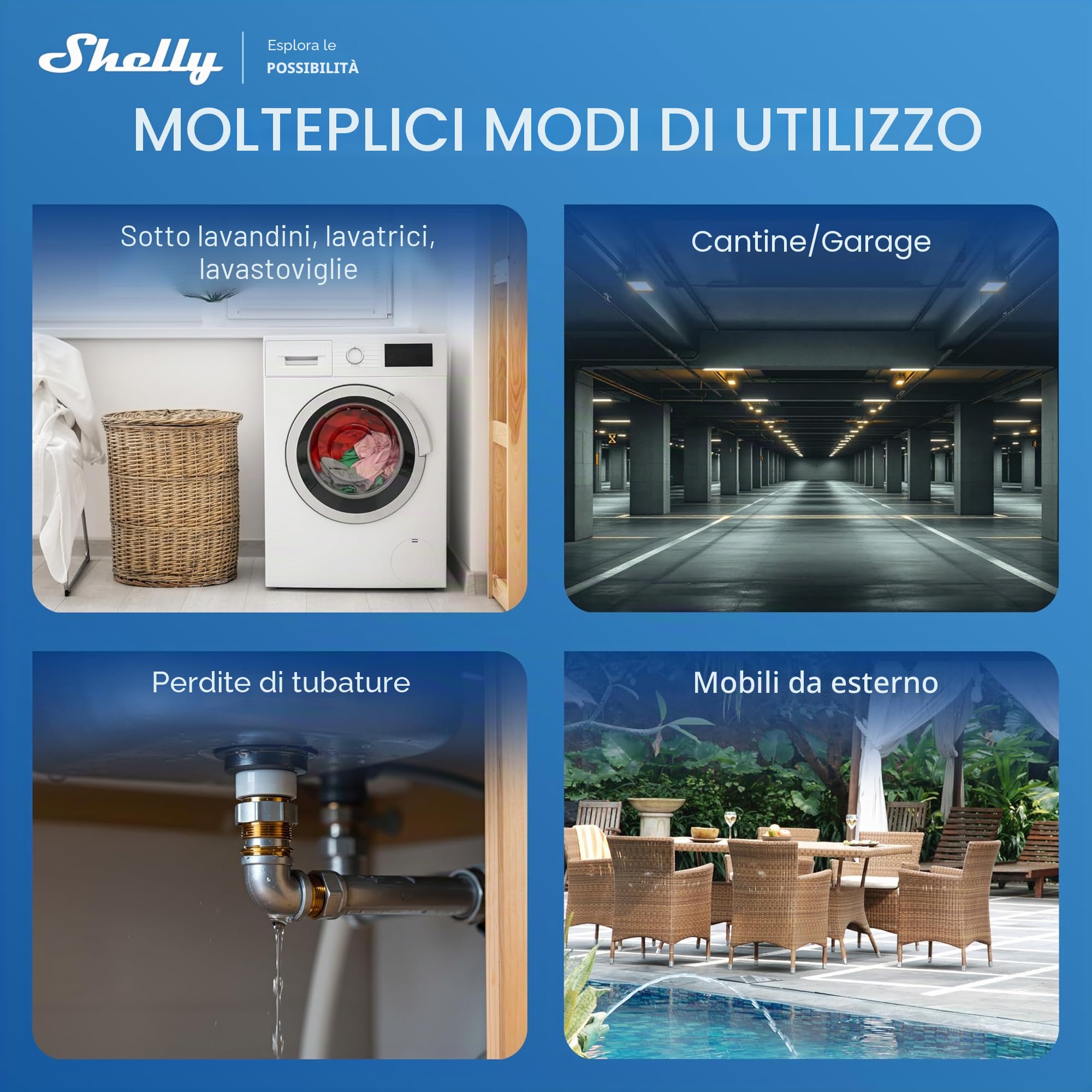 Shelly Flood Gen4 - Sensore Intelligente per Allagamenti con Cavo Sensore di Perdite, Wi-Fi & Matter, IP44, Tre Modalità di Allarme, Flood & Rilevamento Pioggia, Alexa, Google Home, HomeKit e Zigbee