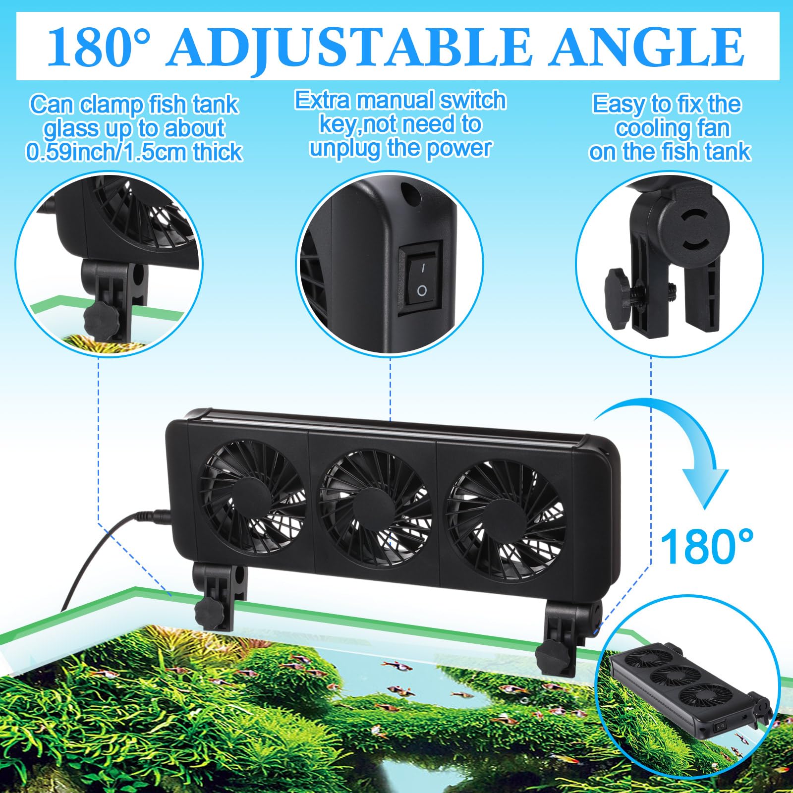 Tujoe 2 ventiladores de acuario de 3 cabezales ajustables con temporizador, 5 velocidades de viento, funcionamiento silencioso para tanques de agua dulce y salada