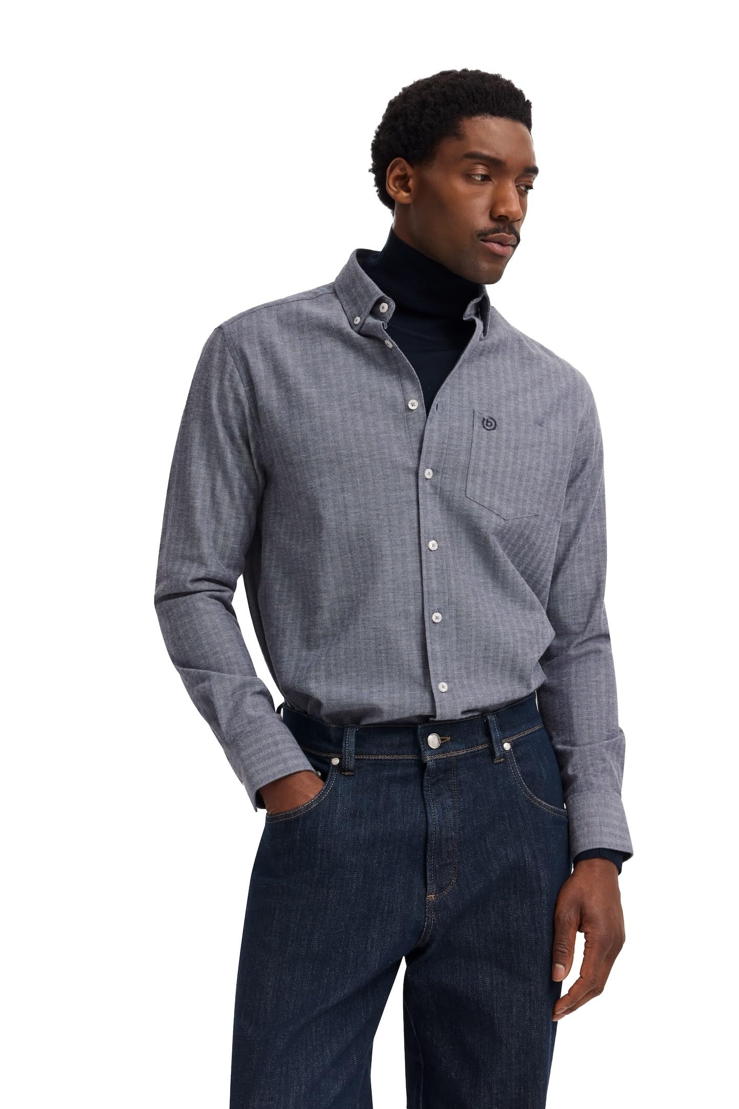 bugatti Herren Freizeithemd Langarm 9350-88300D Modern Fit, Fischgrat-Muster, Soft Cotton, Baumwolle, Button-Down