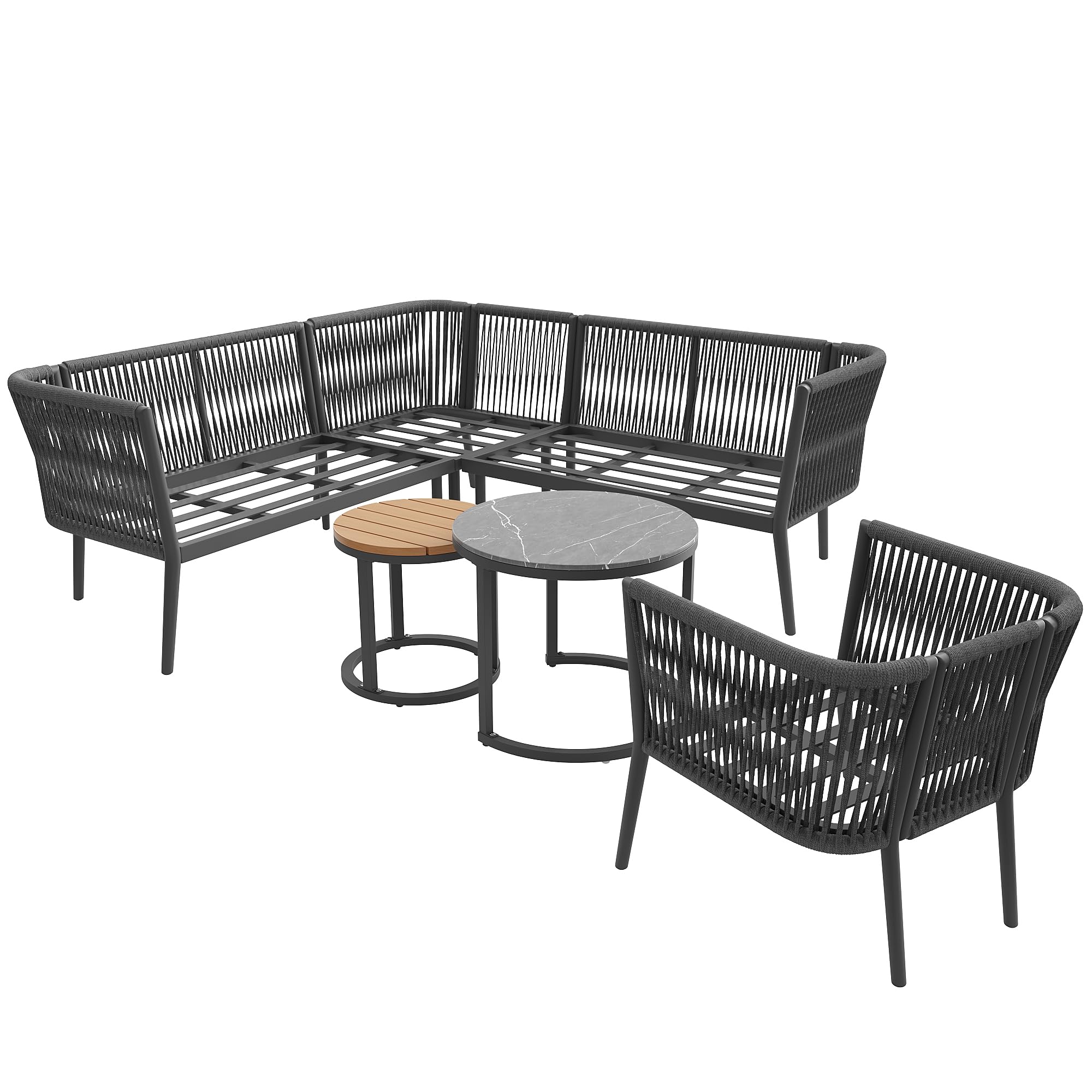 Set da giardino modulare 6 pezzi divano con panca impermeabile cuscini grigio 5-6 persone
