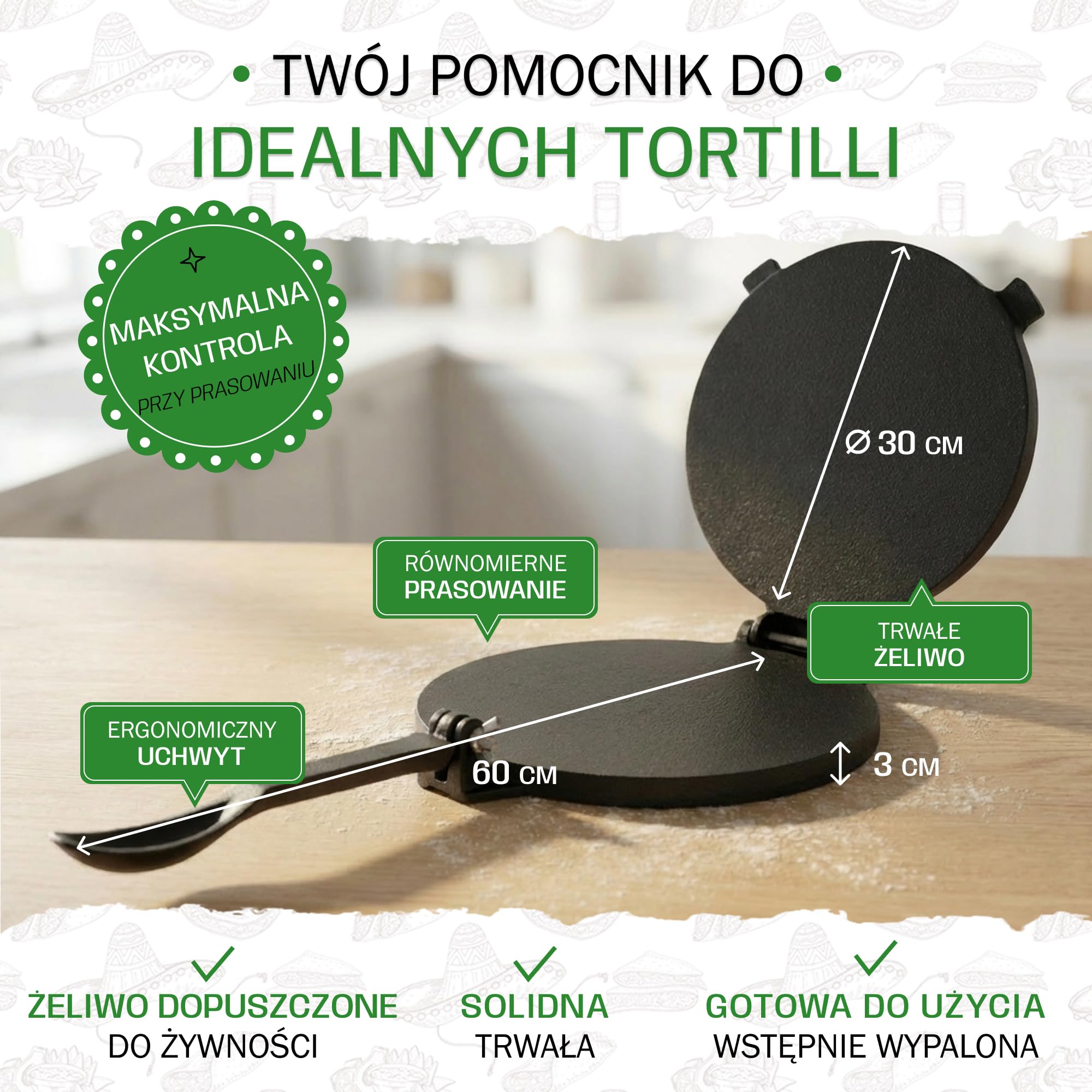 Tortillada - Prasa do tortilli + E-Book z 50 przepisami (30 cm) | Żeliwna prasa do tortilli, quesadilli i roti z 50 przepisami.