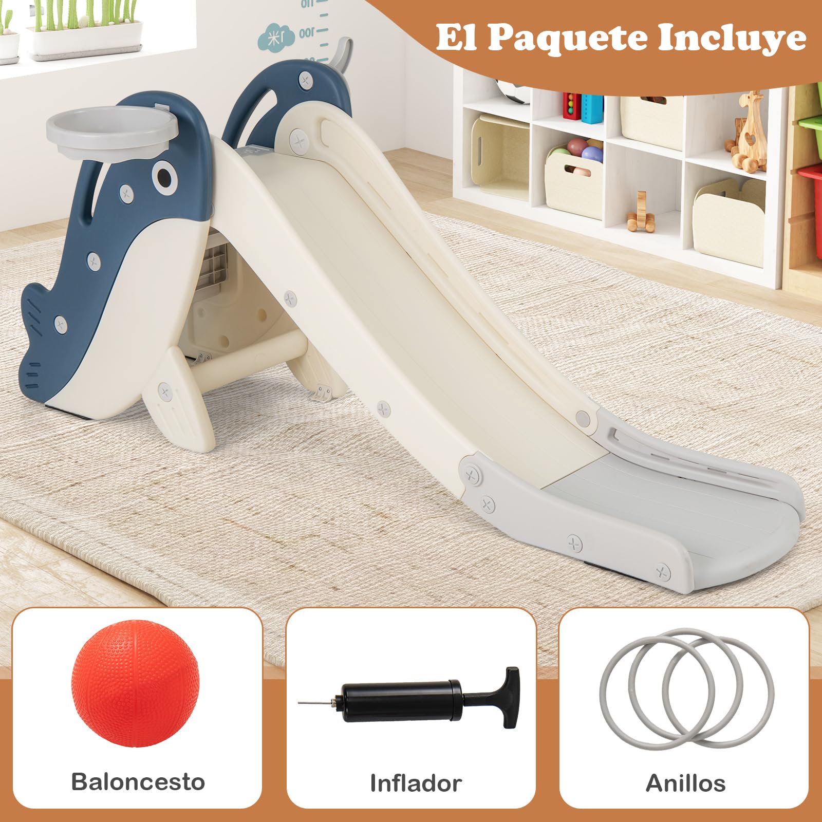 GOPLUS Tobogán Plegable para Niños, Tobogán Infantil 4 en 1 con Canasta de Baloncesto, Escalera de Trepar, Juego de Anillas, Baloncesto, para 3+ Años, Juguete de Jardín para Interior y Exterior