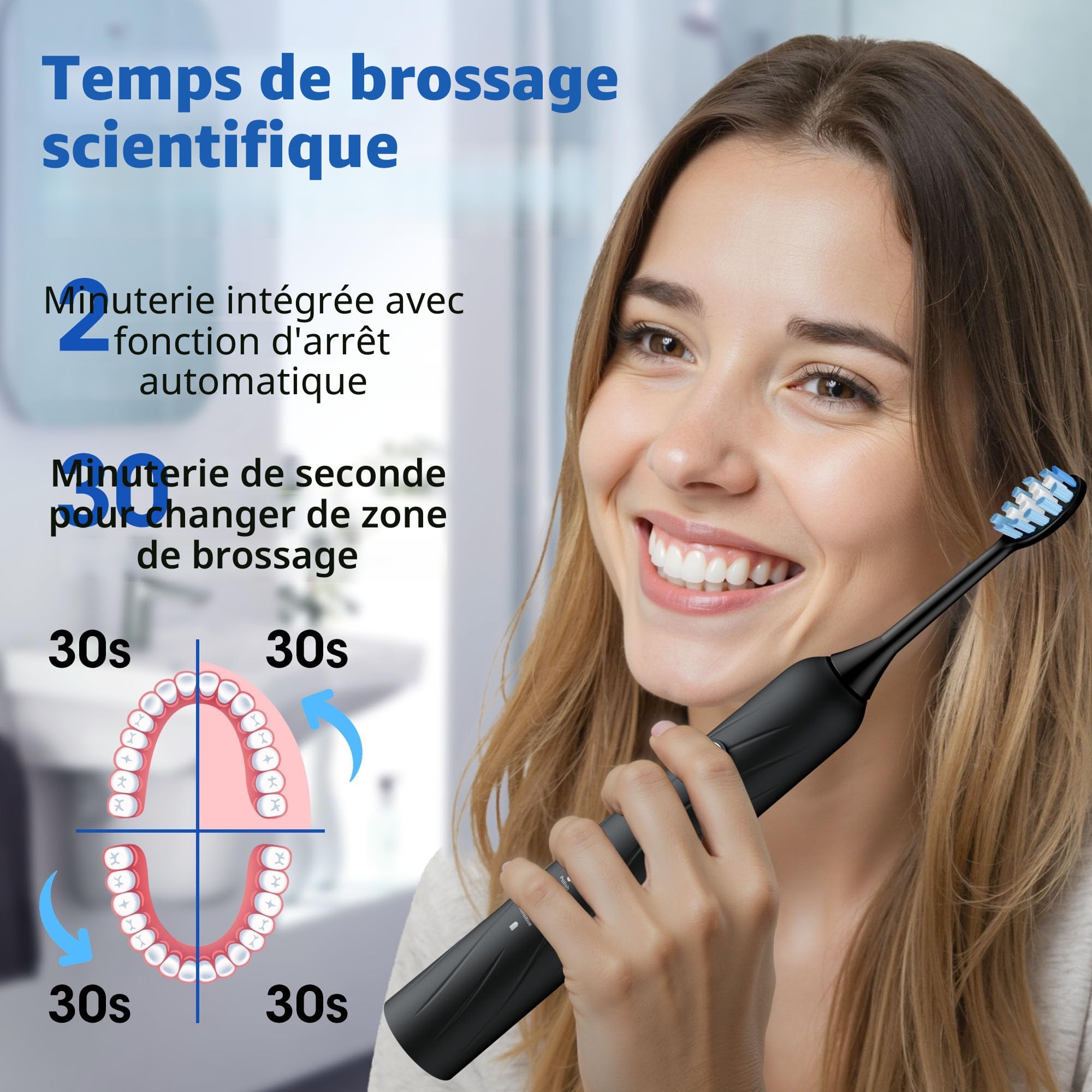 Vexloria Brosse a Dent Electrique Adulte Enfant avec 6 Têtes de Brosse, 5 Modes et Minuterie, IPX7 Brosse à Dents Électrique Ultrasons pour Femmes Hommes, Noir