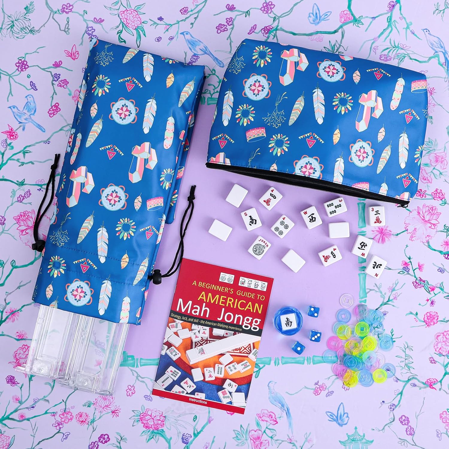 TIASUSAN American Mahjong Tiles Set, 166 White Tiles, Blue Printed Bag with Entire Accessories, 4 All-in-One Rack/Pushers, Mahjong Game Set