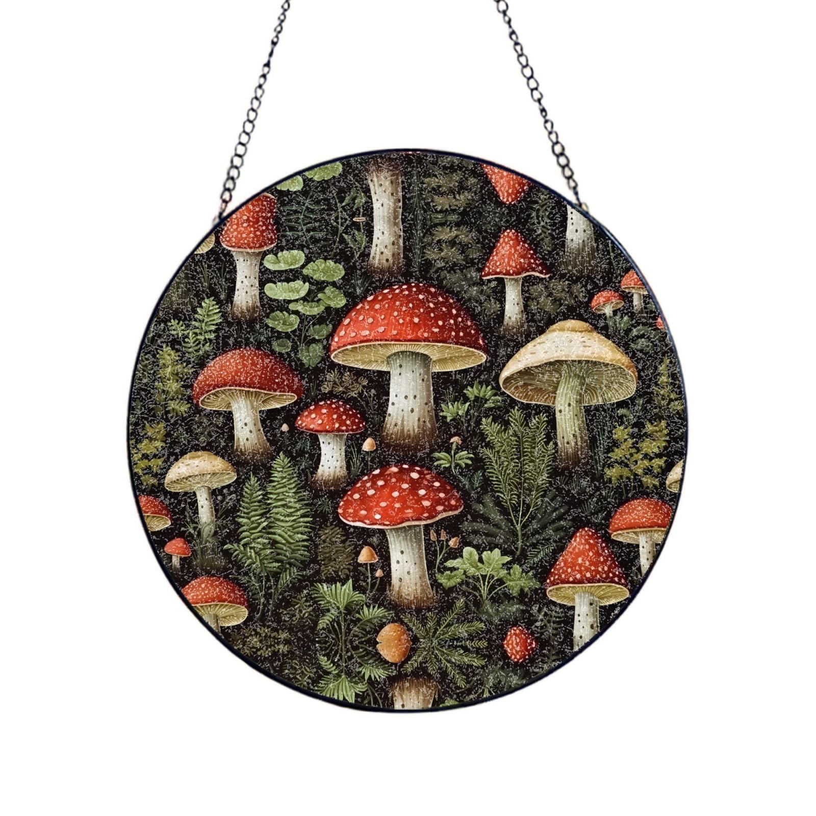 Phayah White Dot Mushroom Print Stained Glass Window Hanging Sun Catchers Decoration Mother'S Day Birthday Gifts For Home Garden Porch 8in（20cm）