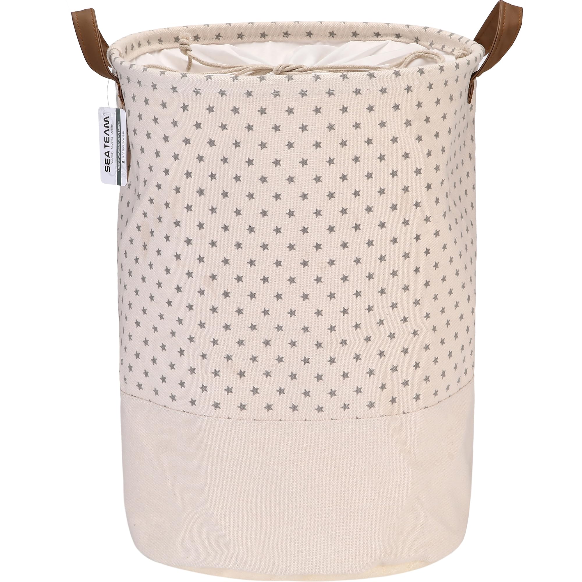 Sea Team Star Pattern Laundry Hamper Canvas Fabric Laundry Basket Collapsible Storage Bin with PU Leather Handles and Drawstring Closure, 17.7 by 13.8 inches, Waterproof Inner, Grey — image 1