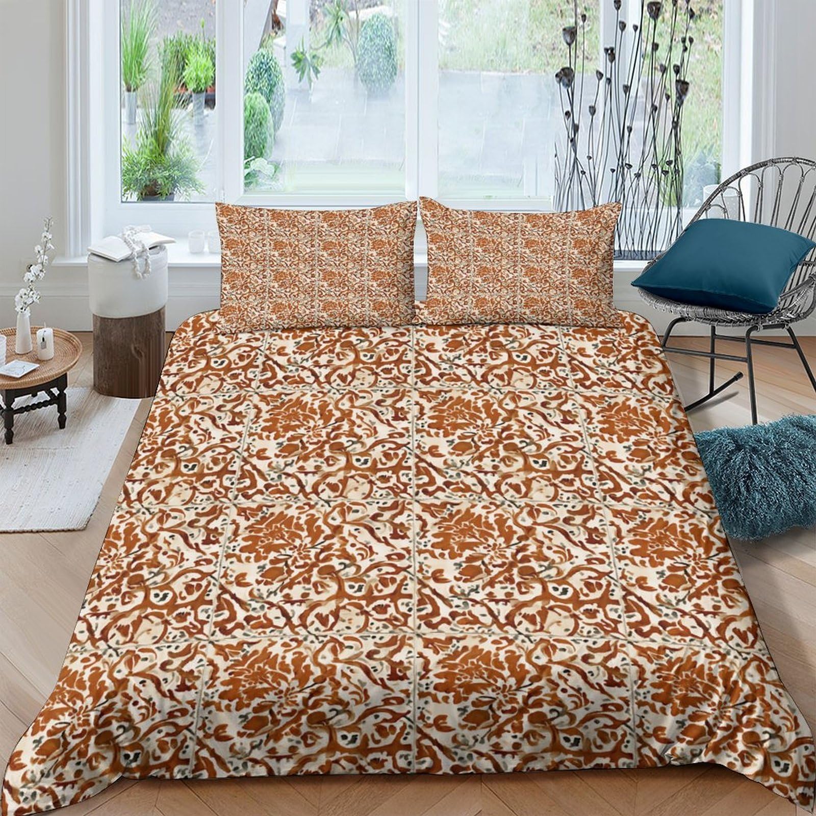 XFKLYNVCJ 3D Printed Ornate floral Quilt Cover Brushed Microfiber Vintage decorative pattern Bed Cover Machine Washable Hypoallergenic for Teen Bedroom Young Adults Rental Flat Use Double（200x200cm）