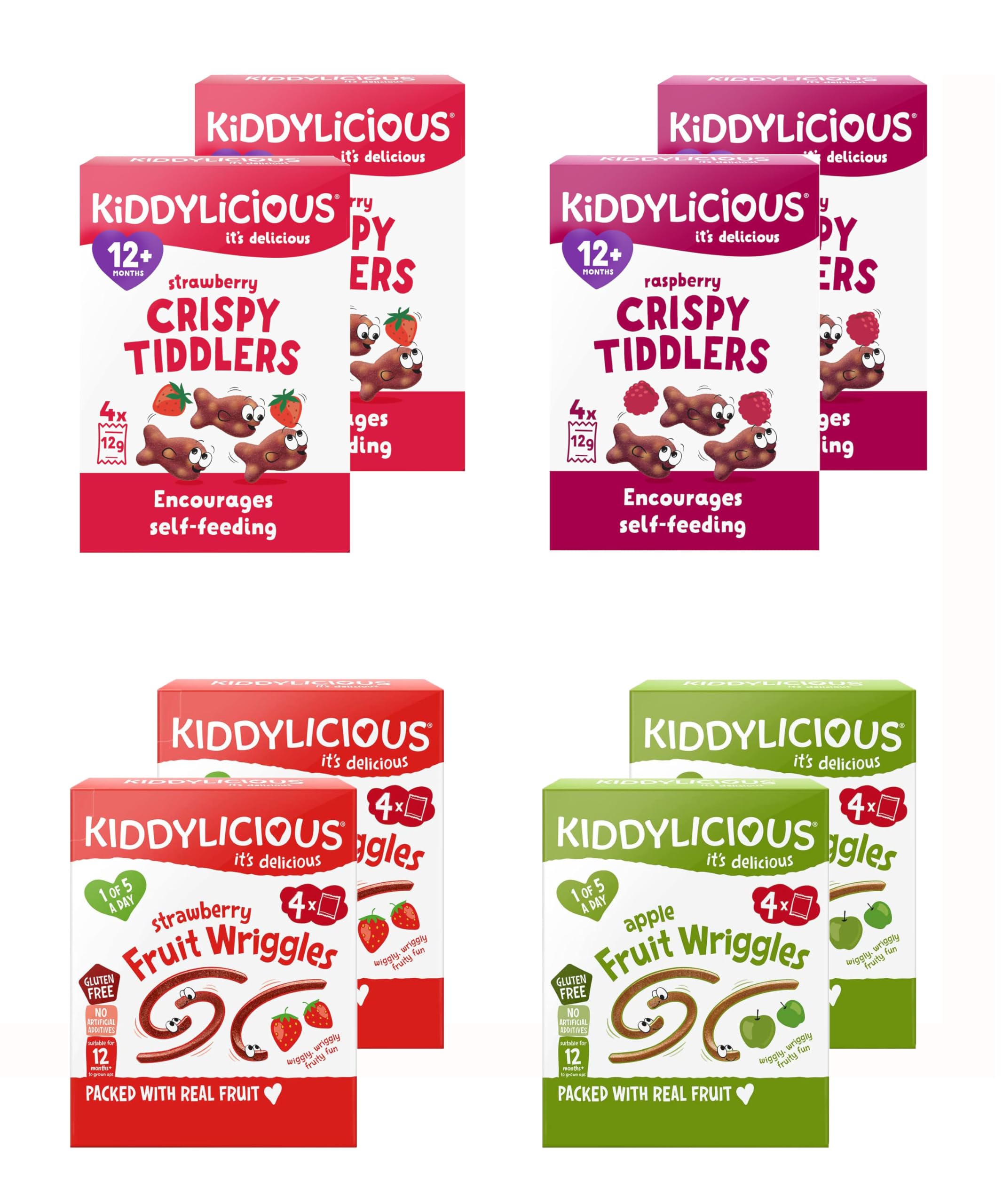 Kiddylicious 12 Month+ Tiddlers & Wrigglers Mixed Variety Pack - Strawberry and Raspberry Crispy Tiddlers, Apple and Strawberry Fruit Wriggles (8 x 48g)