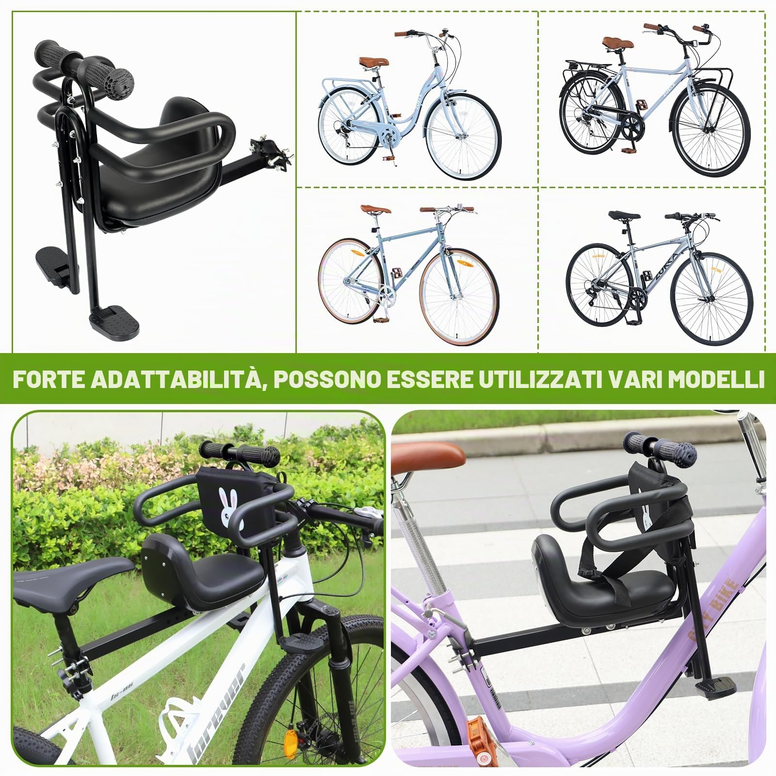 ZUKKA Seggiolino anteriore per bicicletta, portata fino a 25 kg/55 pound per bambini, sedile anteriore per biciclette, sella per bambini con pedali, supporto per bici da corsa e mountain bike
