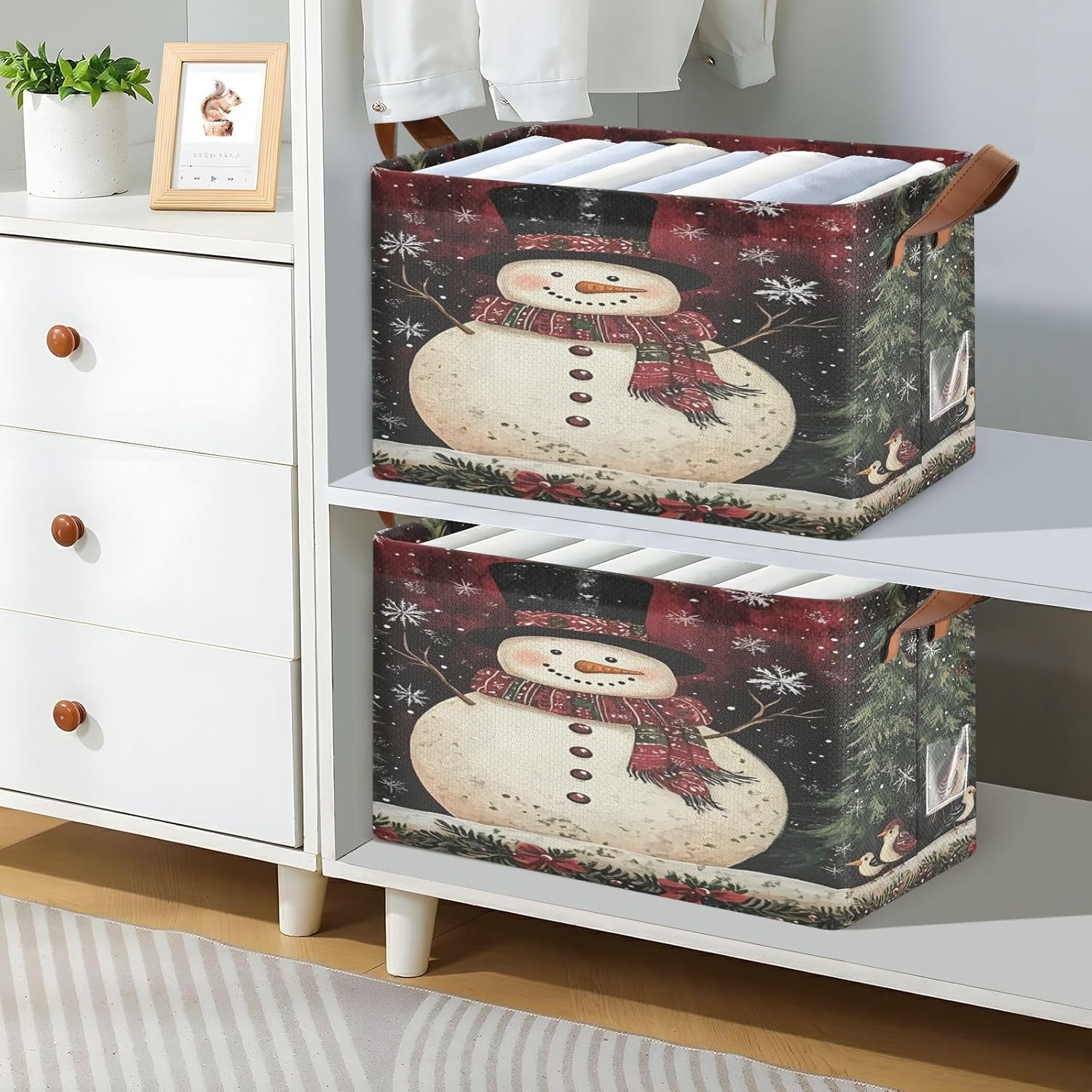 Snowman Birds Christmas 2 Pack Fabric Storage Bins for Shelves Collapsible Cube Storage Bin Basket Storage Cubes with Handle Under The Bed Storage Bins for Home Closet Office Clothes