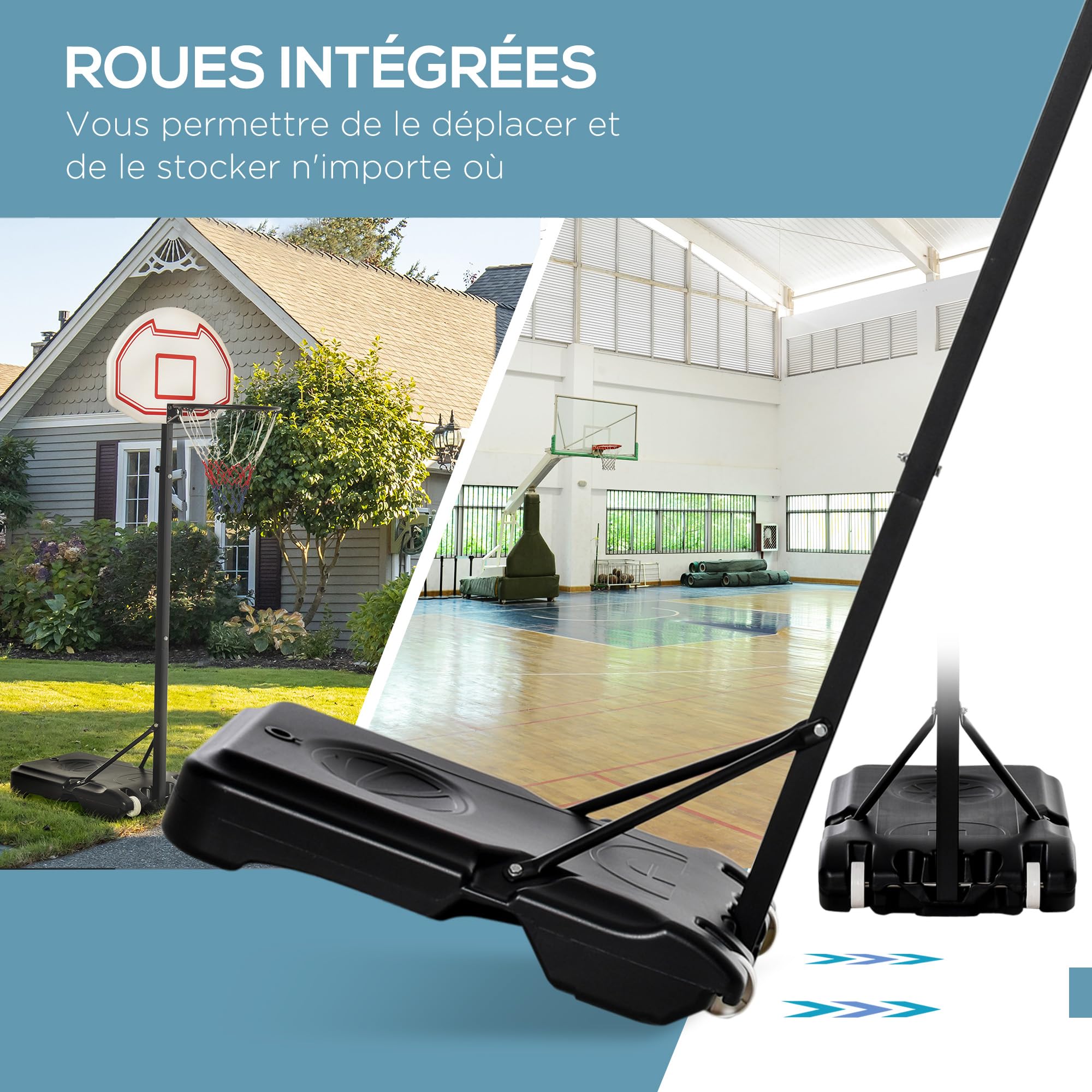 HOMCOM Panier de Basket-Ball sur Pied avec Poteau Panneau, Base de lestage sur roulettes Hauteur réglable 1,9-2,5 m Noir Blanc