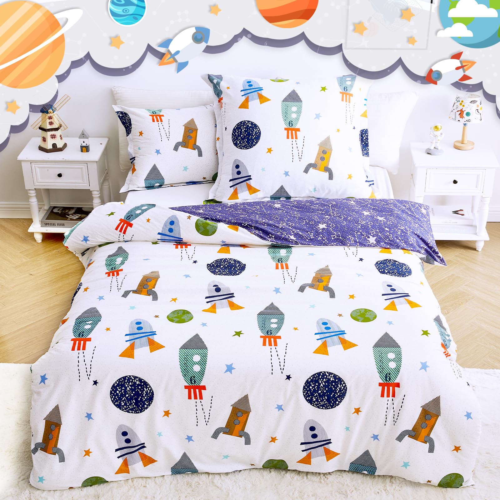 Qucover Juego de Cama para Niño Cama 105 Funda Nordica Infantil 155x220 cm,100% Algodón, Cama Individual, Reversible Diseño de Cosmos para Dormitorio de los Niños