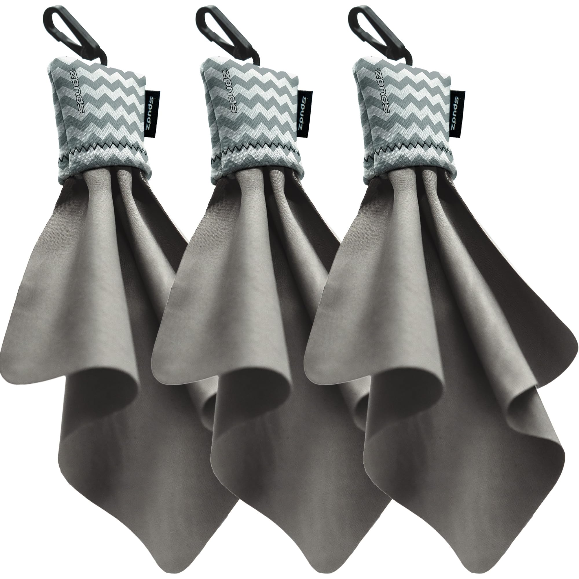SPUDZ Ultra Microfiber Lens Cleaner with Closeable Bottom – Clip-On Pouch, Washable – for Binoculars, Scopes, Glasses, Screens | Ultra Gray Chevron, 6 x 6 Inch (3-Pack)