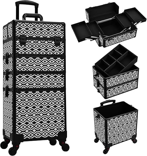 Adazzo Maleta de maquillaje 4 en 1 con ruedas para cosméticos, caja de tecnología de uñas para artistas de maquillaje, estilistas, estuche de