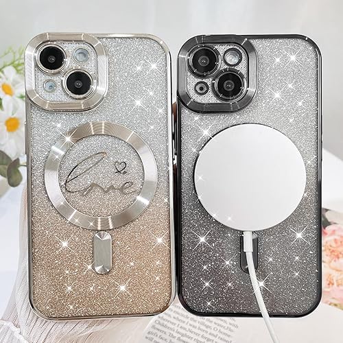 Vista 410 de Fiyart - Funda transparente magnética con purpurina para iPhone 12 para mujeres, con grabado "Love" metálico, protección para cámara y antigolpes