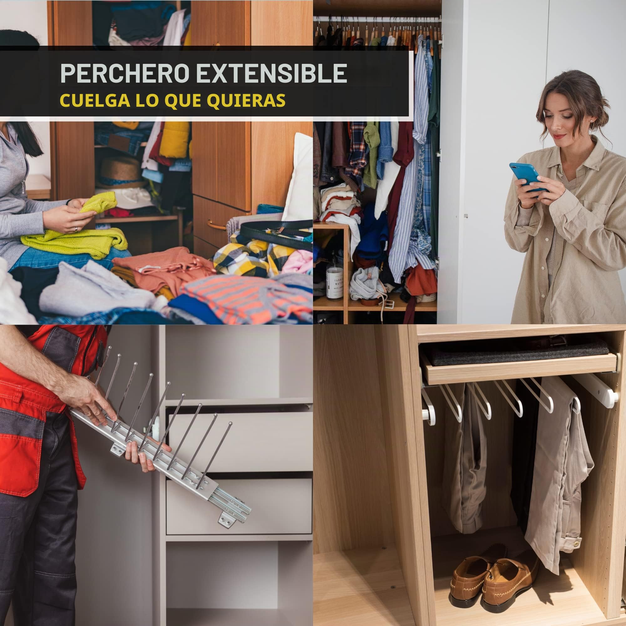 DOJA Barcelona | PERCHERO EXTENSIBLE PANTALONES | 9 Posiciones Izquierda | Percheros Pantalones Extraible | cuelga pantalones extraible | colgador pantalones, Percha para Armario, Vestidores...