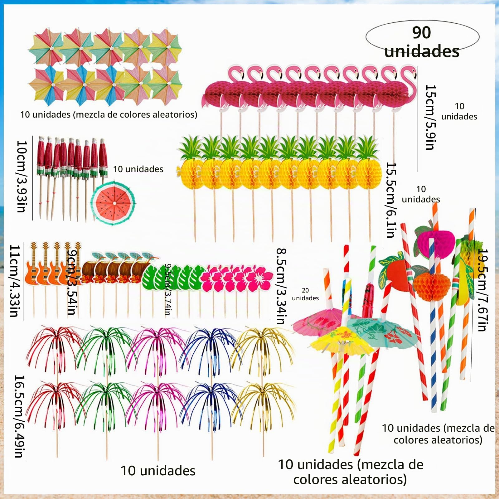 90 unidades de decoración de cócteles, sombrillas de fuegos artificiales, pajitas decorativas, agitadores, palillos de cóctel, bebidas, decoración para verano, fiestas, playa, bodas, bares, bebidas,
