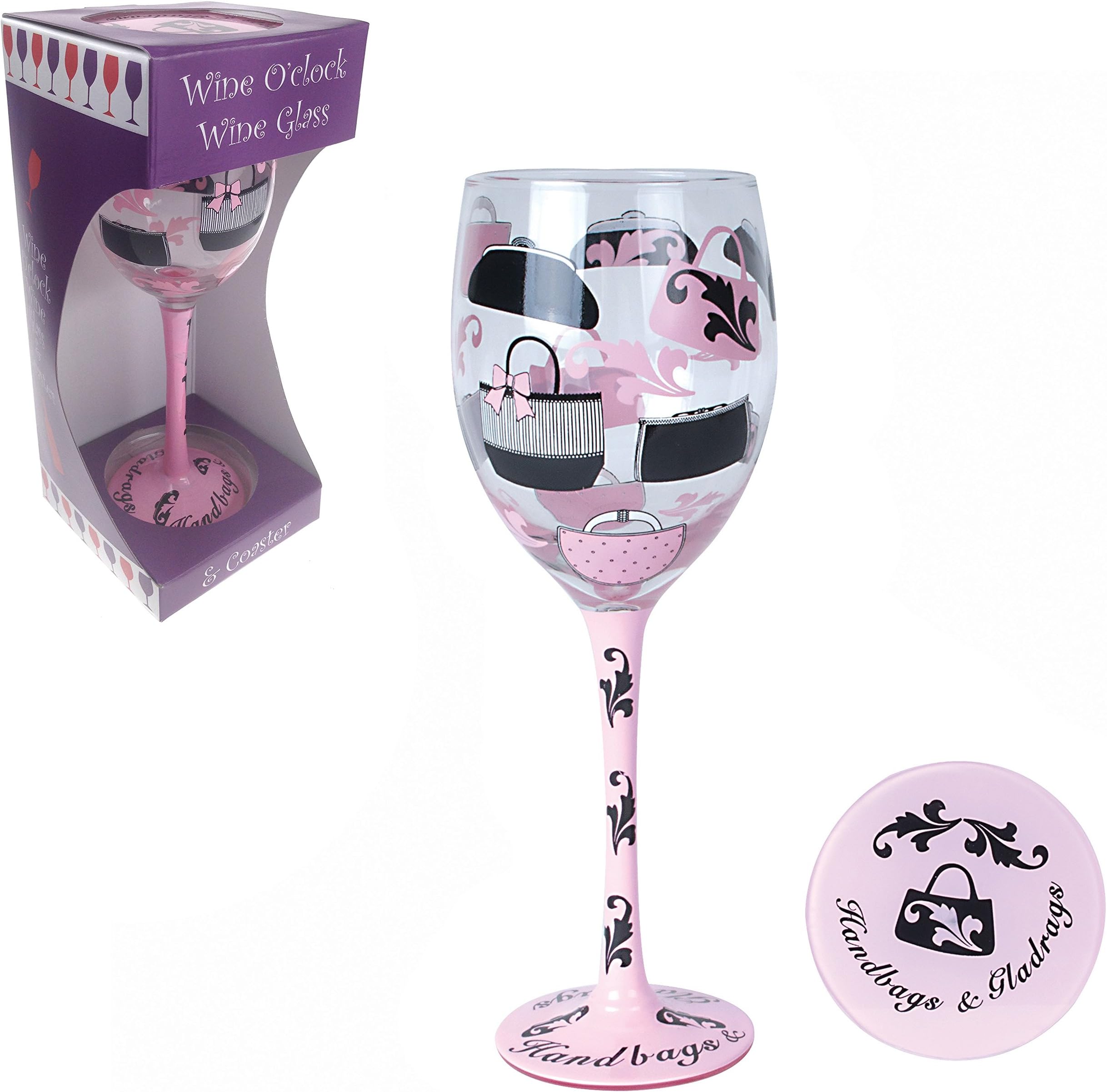 Wine O' Clock Wine Glass Hand Painted Wine Glass and Coaster Set- Handbags