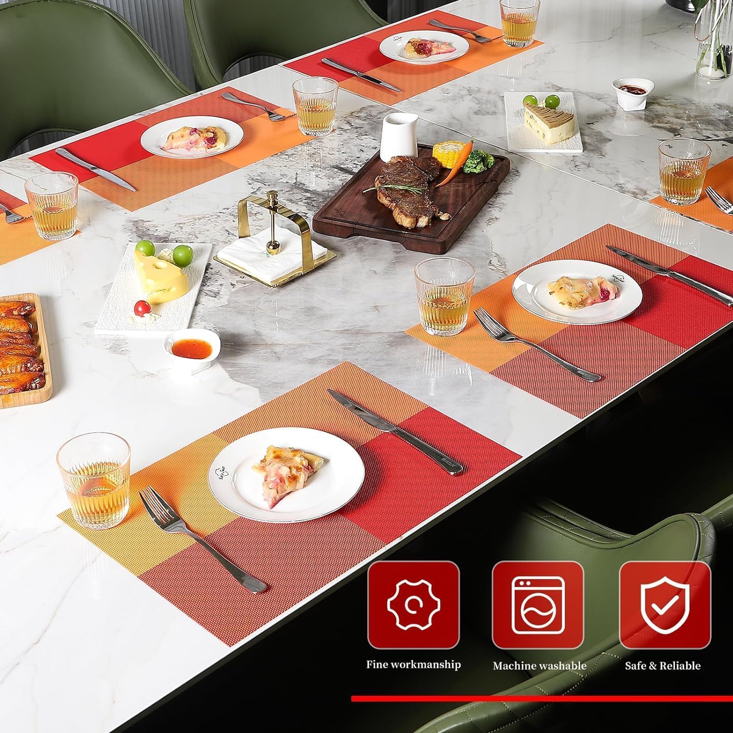 Feinerman 6 Pcs PVC Woven Vinyl Placemats Set, Non-Slip, Heat-Resistant & Washable Table Mats, Stain-Resistant, Anti-Skid for Kitchen, Dining Table & Restaurant, Easy-to-Clean Dining Mats (Orange) 3