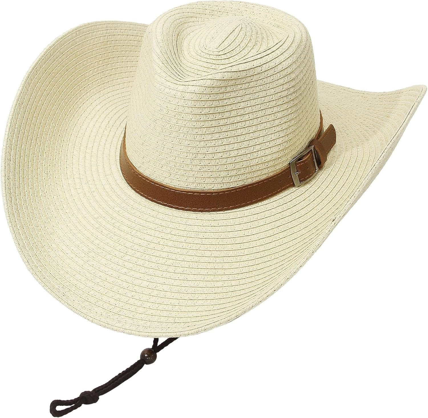 HURUMA Packable Oversized 5.12 Inch Brim Cowboy Hat for Women Men Summer Beach Sun Hat with Chin Strap, Beige