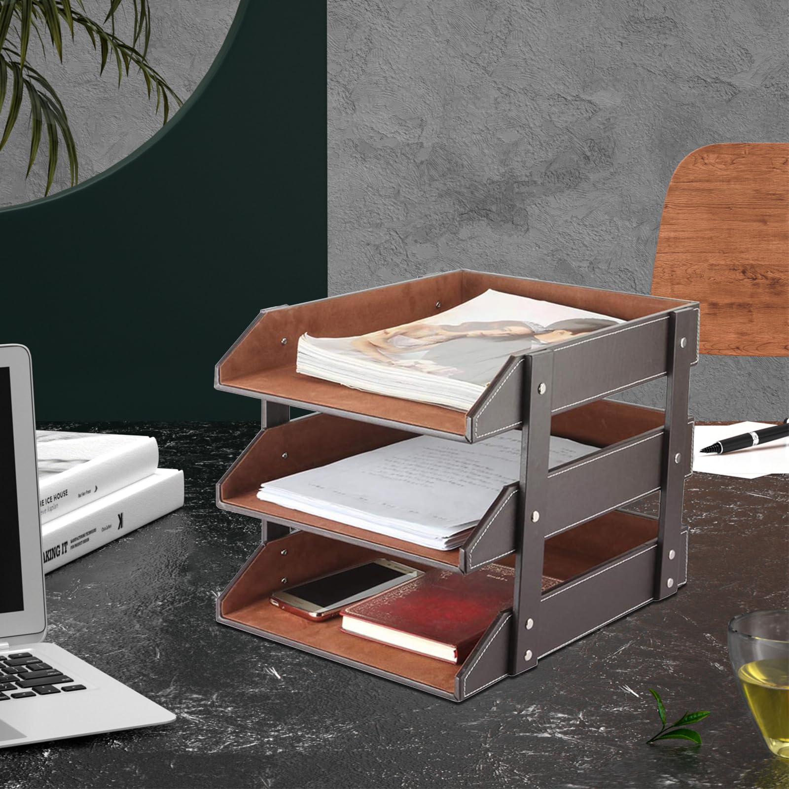 Organiseur de bureau en cuir empilable - Compartiment à documents pour dossiers, papeterie, magazines, courrier, maison, petits objets, organisateur de bureau (marron)