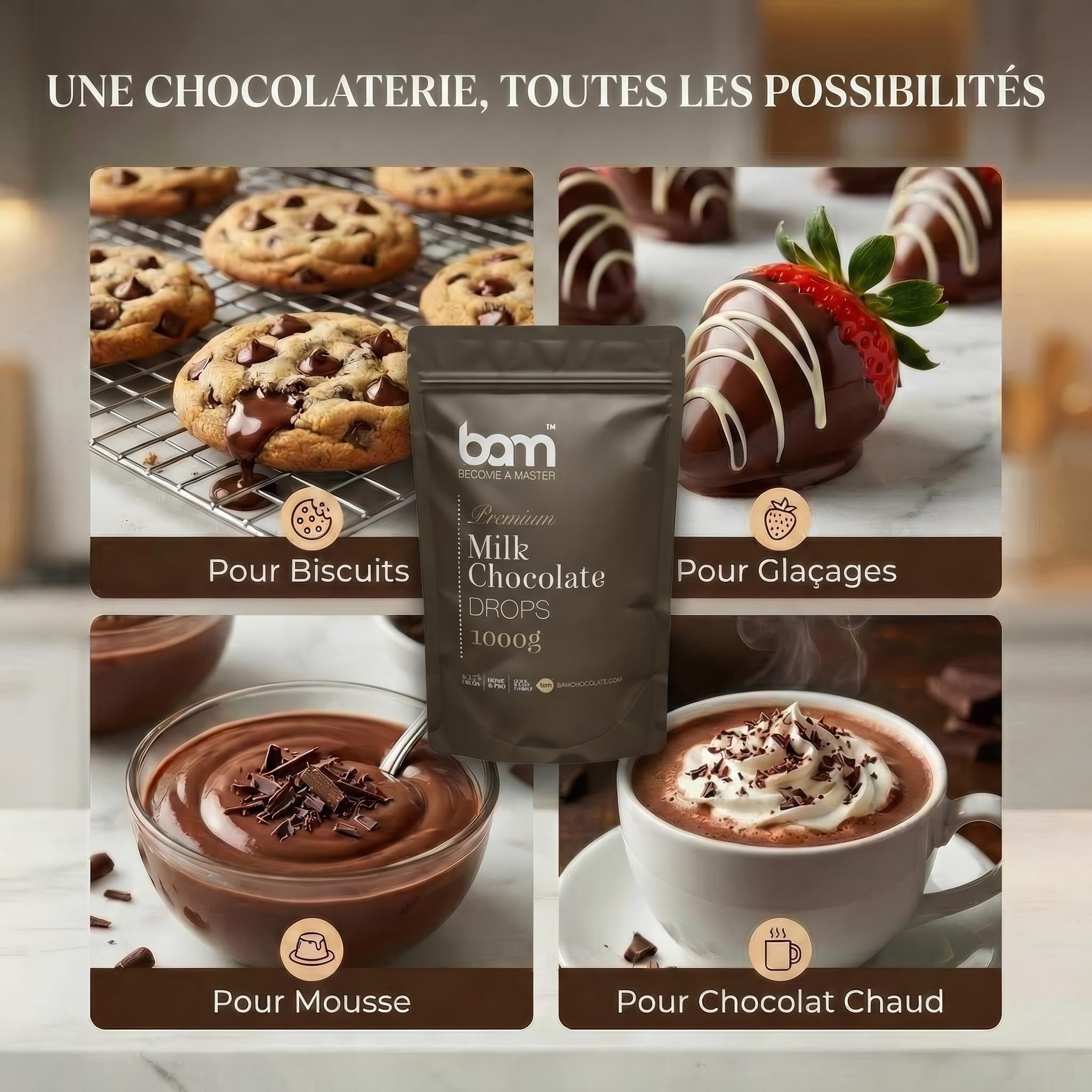 BAM Pépites de Chocolat au Lait de Couverture 35% Cacao | Chocolat Pâtissier pour Ganache, Fondue & Fontaine – 1kg