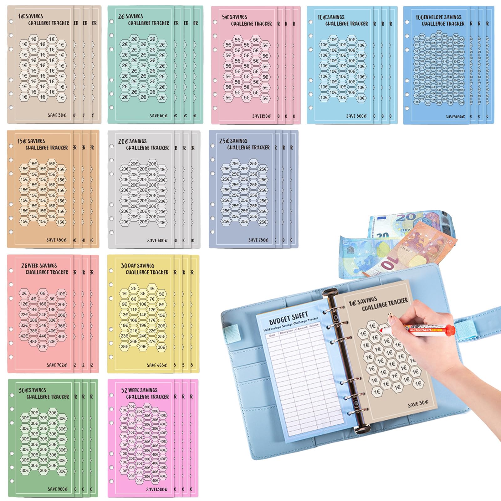 Monitoraggio dei risparmi A6 a 6 anelli - Fogli di riserva 52 settimane Compatibile con buste da 100 euro e carte punzoni in dollari | Set fogli risparmio