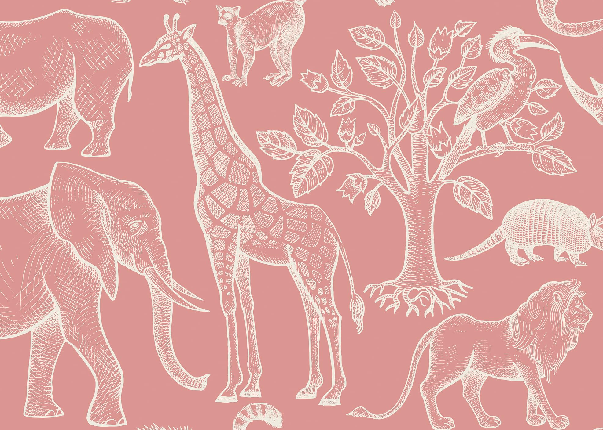 Livelynine Pink Animal Wallpaper Stick and Peel Birds Trees Elephant Peach Pink Cute Contact Paper Self Adhesive Mural Wall Paper for Girls Bedroom