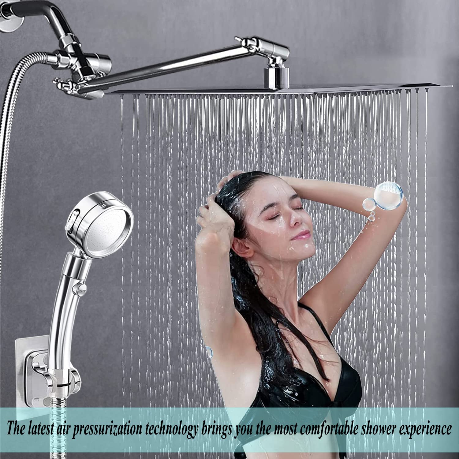 Shower Head Combo,10 Inch High Pressure Rain Shower Head with 11 Inch Adjustable Extension Arm and 3 Settings Handheld,Powerful Shower Spray Against Low Pressure Water with Long Hose(Chrome)