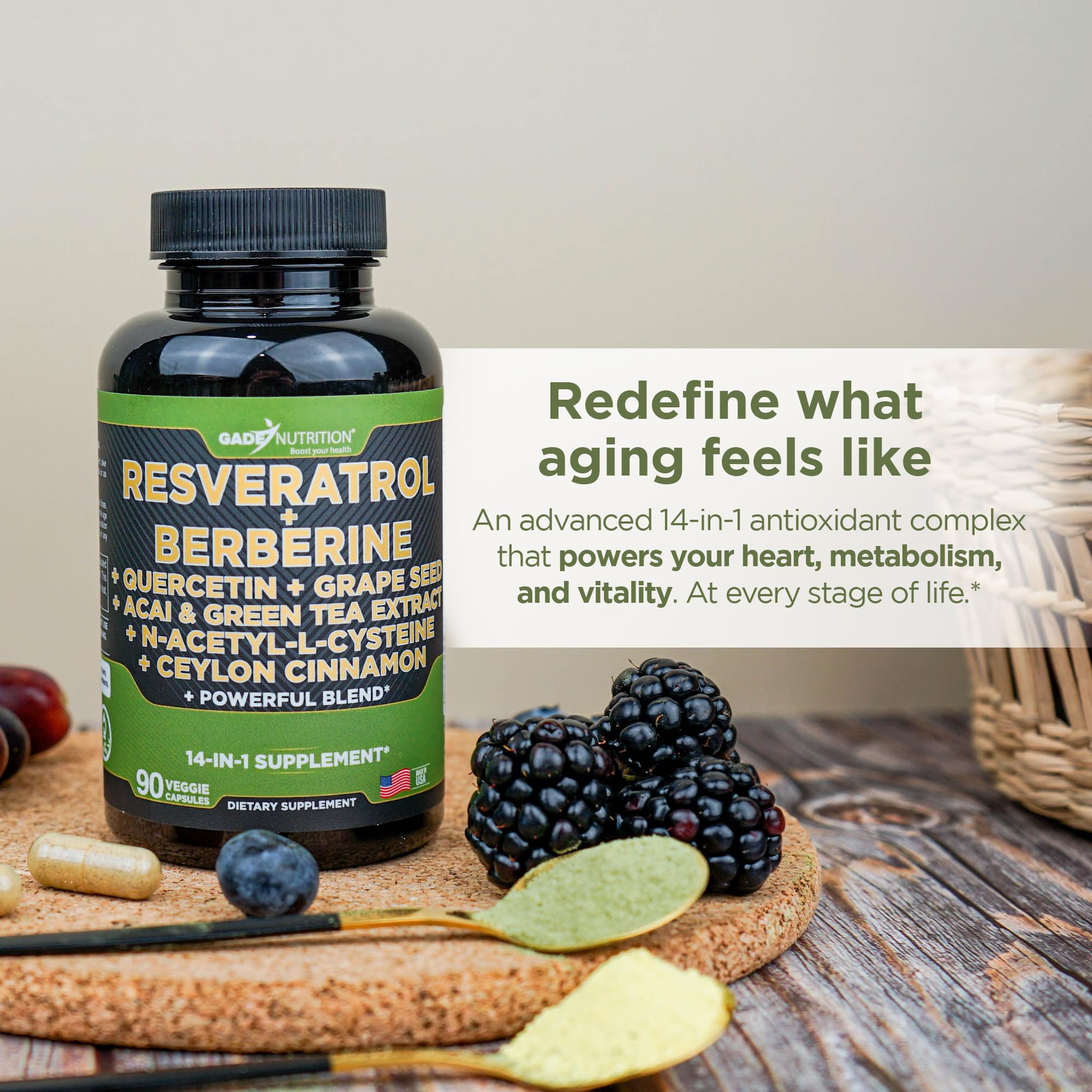 Gade Nutrition Resveratrol Berberine Quercetin Grape Seed Extract Green Tea Extract N-Acetyl Cysteine - 14 in 1 Complex Supplement for Women & Men with Potent Antioxidants - Made in USA — Amazon image 5