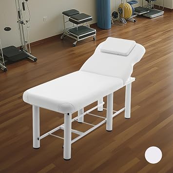 Stationary Massage Table Spa Salon Bed Professioanl, Physical Therapy Tables with Metal Frame and PU Surface, Backrest Adjustable, Removable Headrest, Bottom Storage Shelf, White