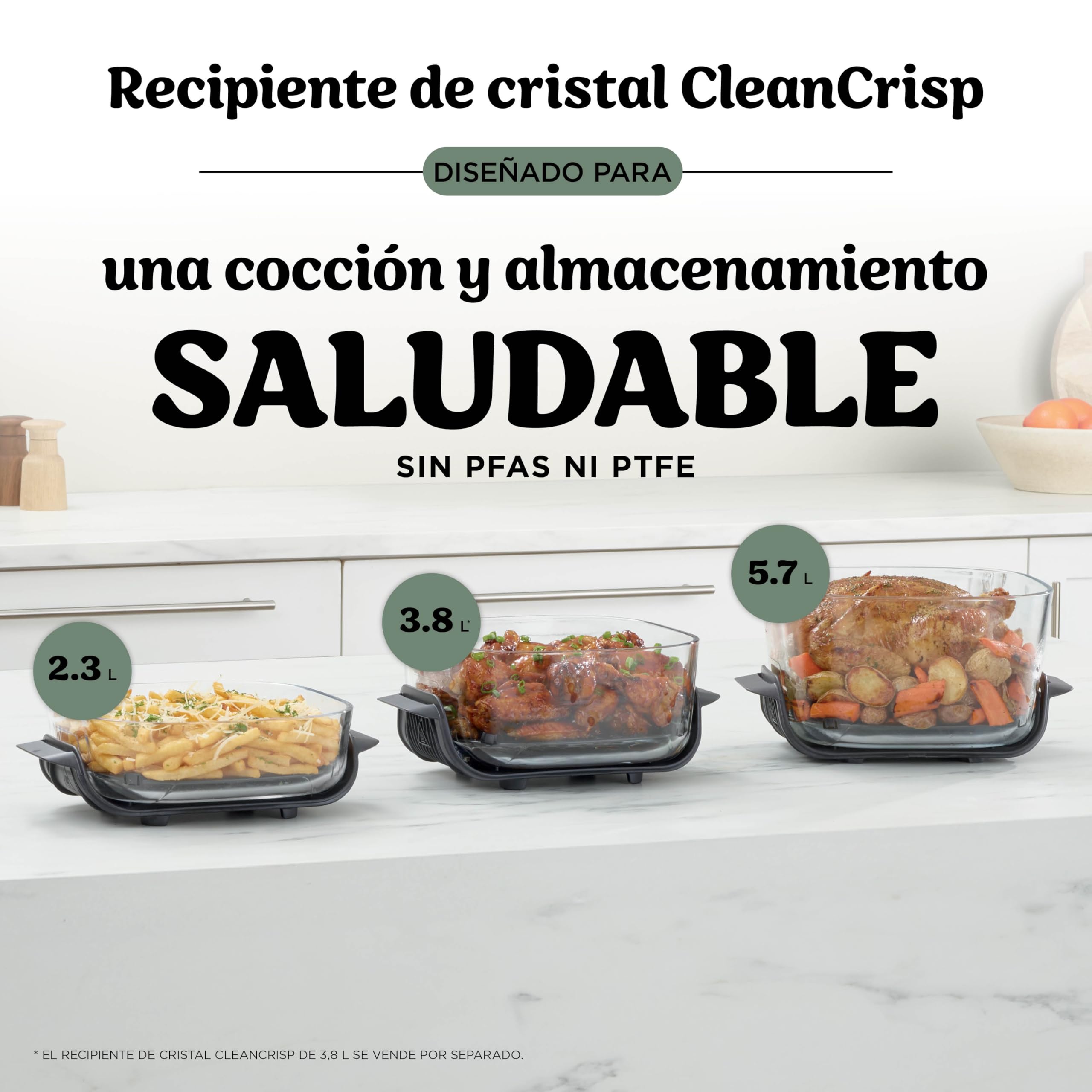 Ninja CRISPi PRO XL Glas-Heißluftfritteuse (Air-Fryer), 5 voreingestellte Zubereitungsfunktionen, CleanCrisp-Glasbehälter (5,7 l und 2,3 l) und Aufbewahrungsdeckel, Moosgrün AS090EUGN