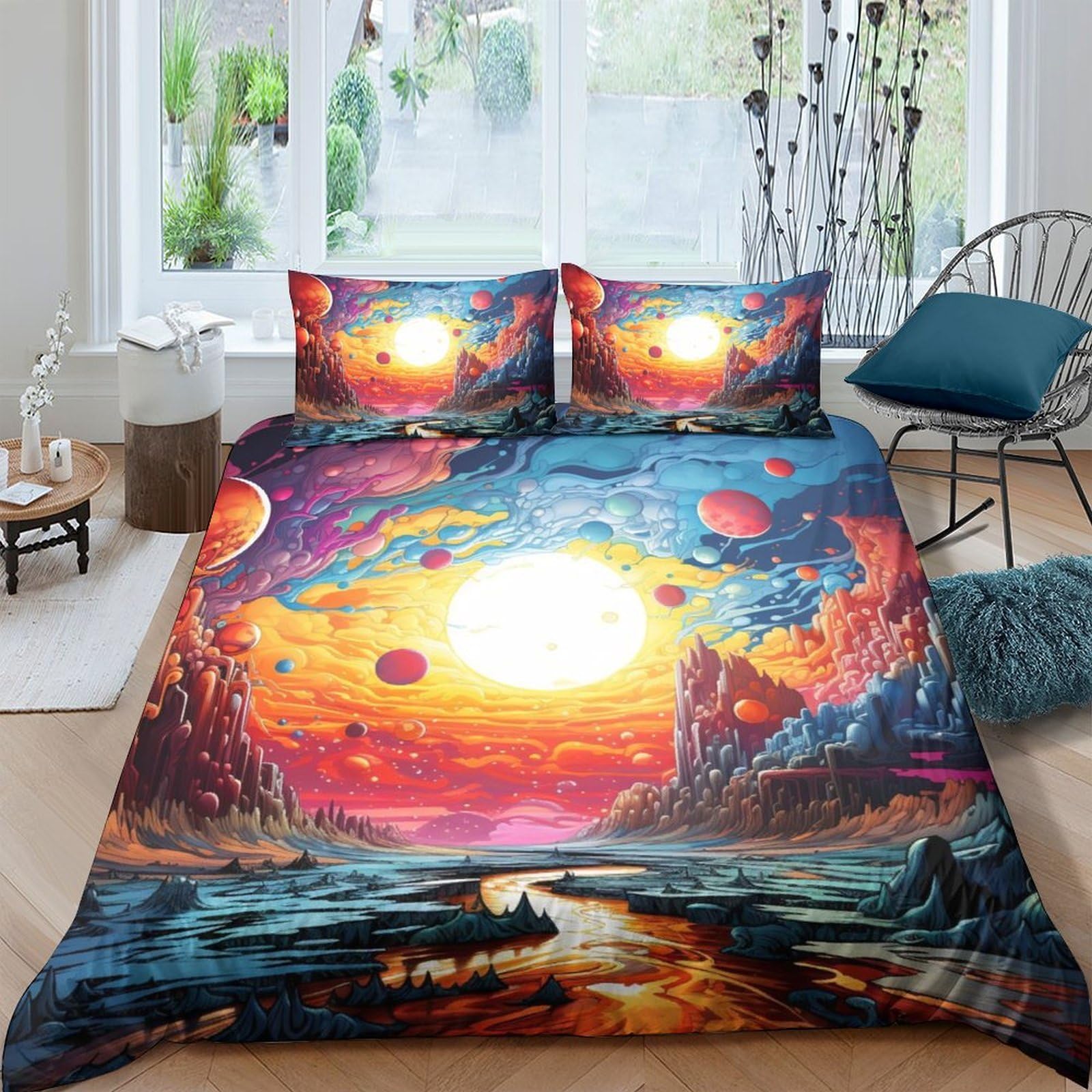 Ctjqhvkz Style-1 3D Printed Sunset Landscape Fitted Sheet Microfiber Soft Breathable Planet Art Mattress Cover For Bedroom Decor Single（135X200cm）
