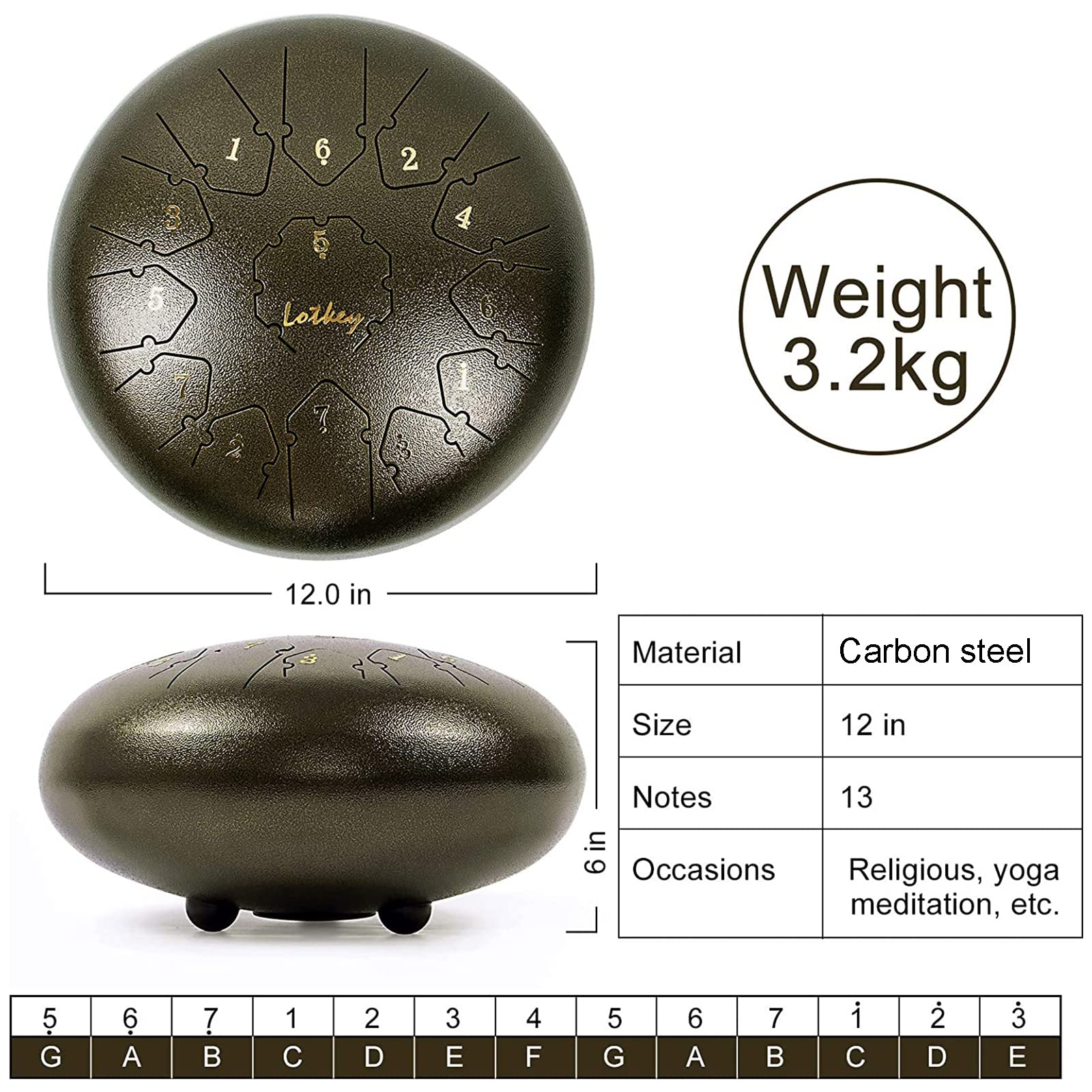 Tambor De Lengüetas De Acero C Chiave 12 Pulgadas Tongue Drum 13 Notas Percusión Tambor De La Lengua con Bastones Y Bolsa De Viaje Ideal para Yoga Meditación Alivia El Estrés