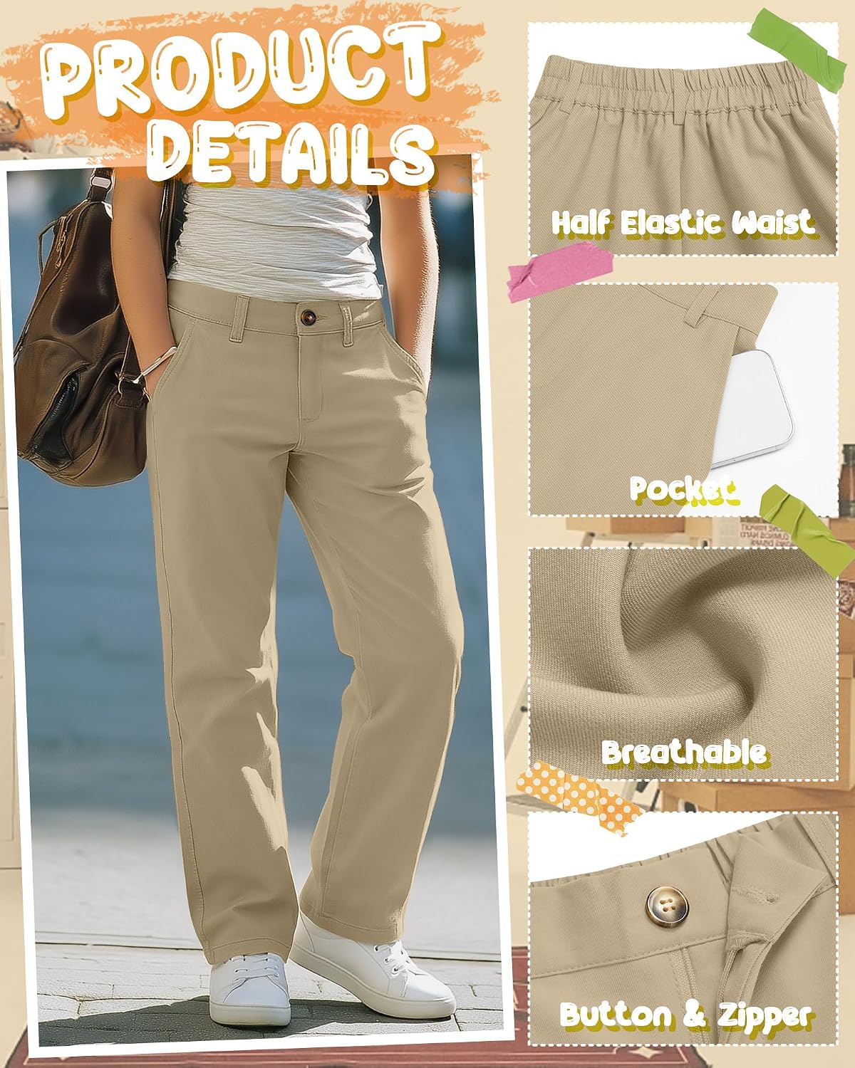 Girls School Uniform Pants Kids Dress Pants Elastic Waist Cotton Straight Leg Trousers with Pockets 5-14 Years