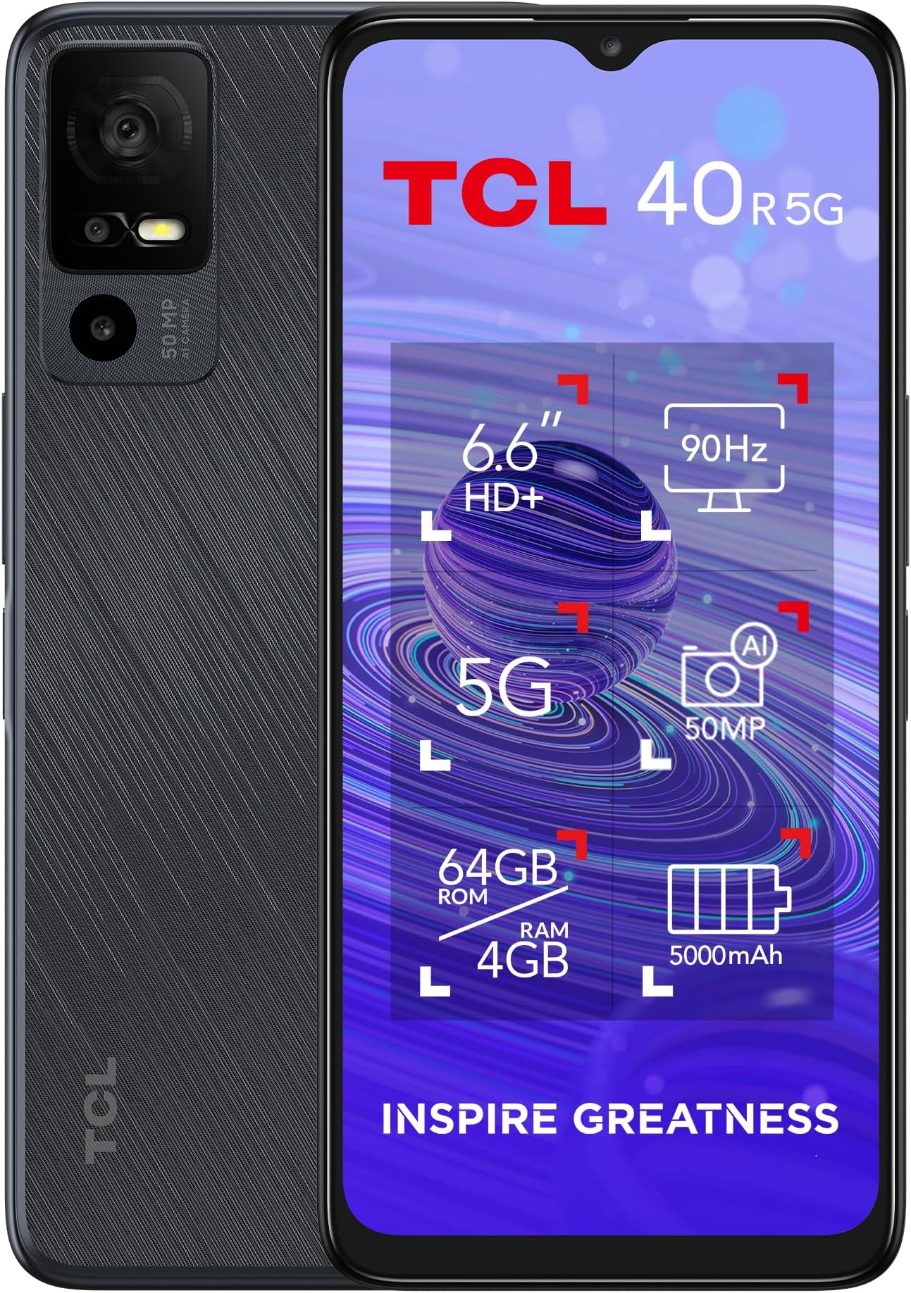TCL 40 R 5G SMARTPHONE, 64GB + 4GB RAM, 6.6” DISPLAY, 5000 mAh - DARK GREY