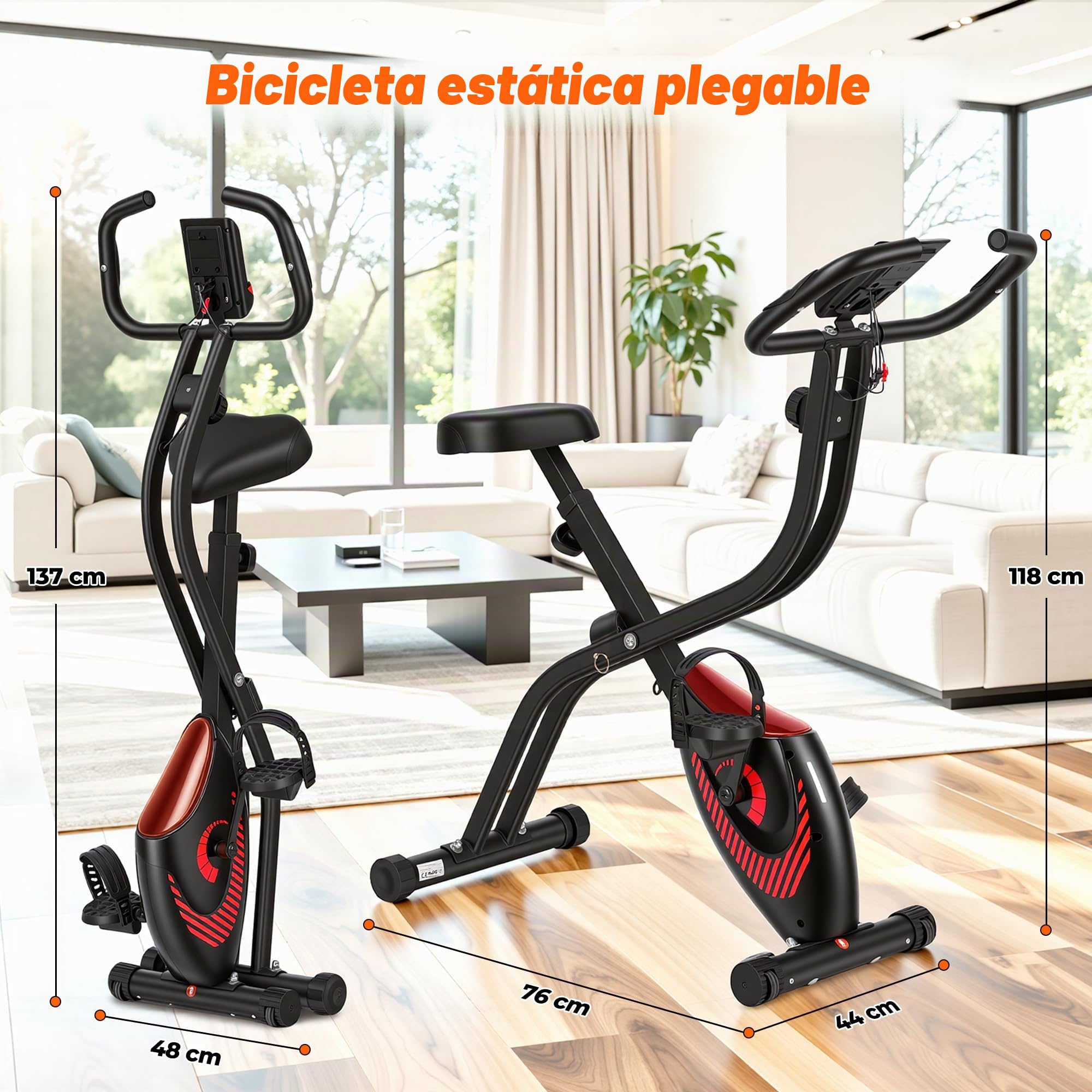 Bicicleta estática plegable con 16 niveles de resistencia magnética, monitor LCD y medición del pulso de mano, cómodo cojín de asiento, capacidad de carga de 120 kg para entrenamiento cardiovascular
