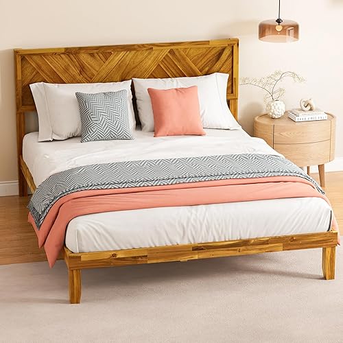 Wood Queen Bed Frame with Headboard, Wooden Platform Bed Frame Queen Size, Solid Acacia Wood Bed Frame Foundation with Wood Slat Support, No Box Spring Needed, Easy Assembly