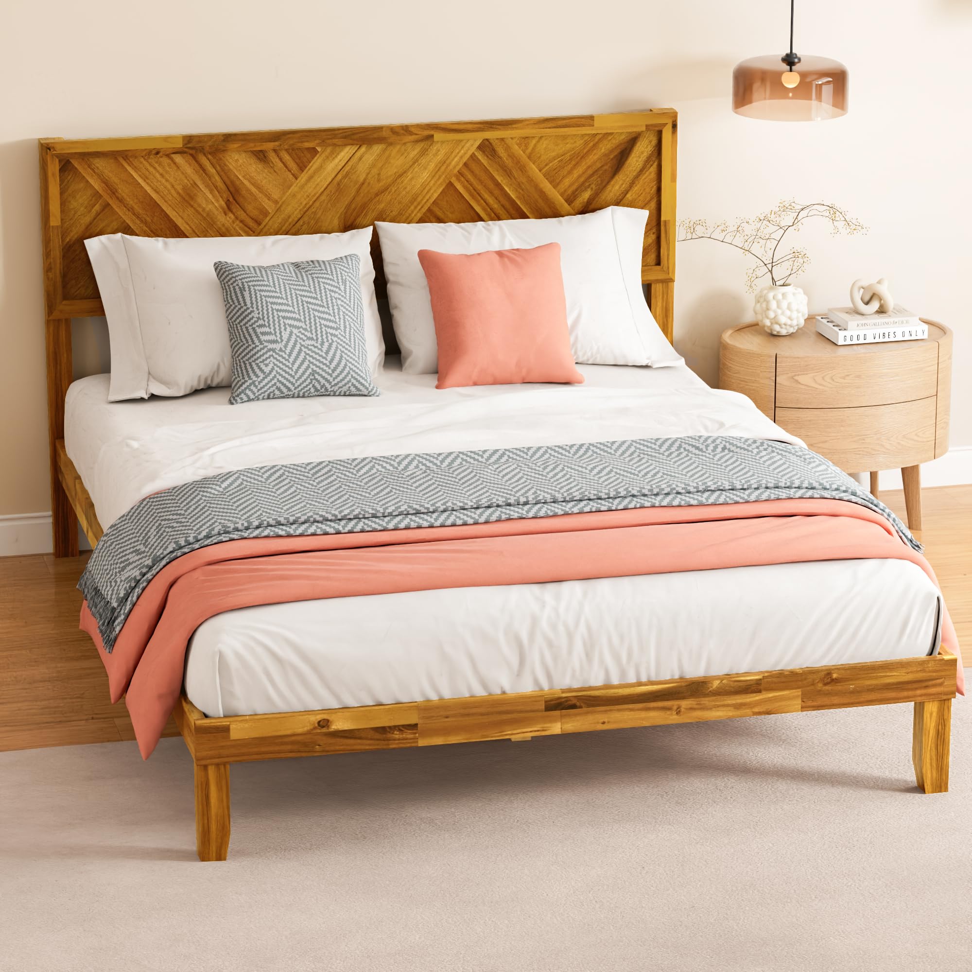TOLEAD Wood Queen Bed Frame with Headboard, Wooden Platform Bed Frame Queen Size, Solid Acacia Wood Bed Frame Foundation with Wood Slat Support, No