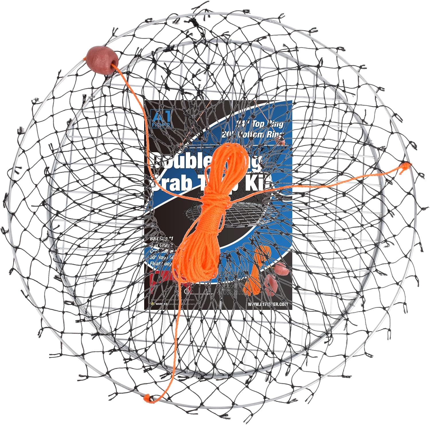 Double Ring Crab Trap - Steel Ring Crab Net, 24" Top, 20" Bottom, 50' Rope, Bait Bag, Clip, Gauge for Dungeness, Rock and Blue Crab