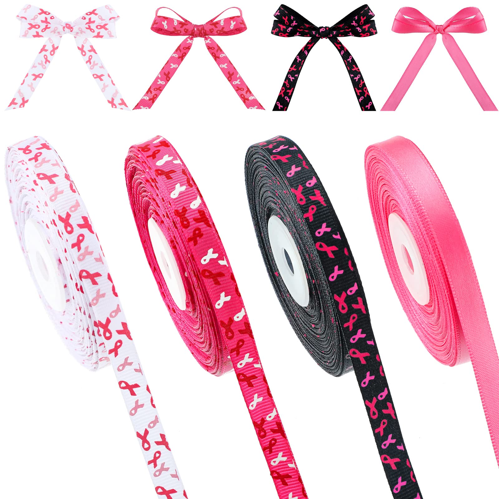 Ruban cancer du sein gros-grain rose et blanc à bord métallique pour déco (Lot de 4 rouleaux)