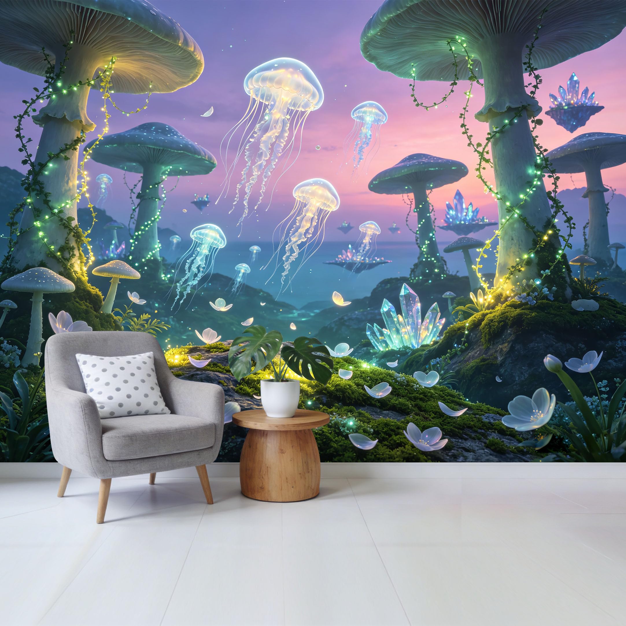 Qzlithotic Yq2605250318 Custom Size Wall Mural Fantasy Bioluminescent Jellyfish Mushroom Forest Floating Crystal Landscape Selfadhesive Wall Fabric Removable Wallpaper For Home Office Decor