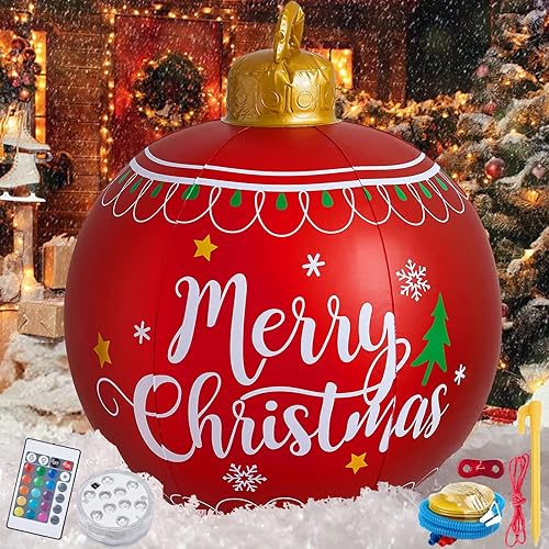 23.62in Inflatable Christmas Balls Light Up Giant Christmas Ornaments PVC Inflatable Decorated Ball with Rechargeable LED Light & Remote for Yard