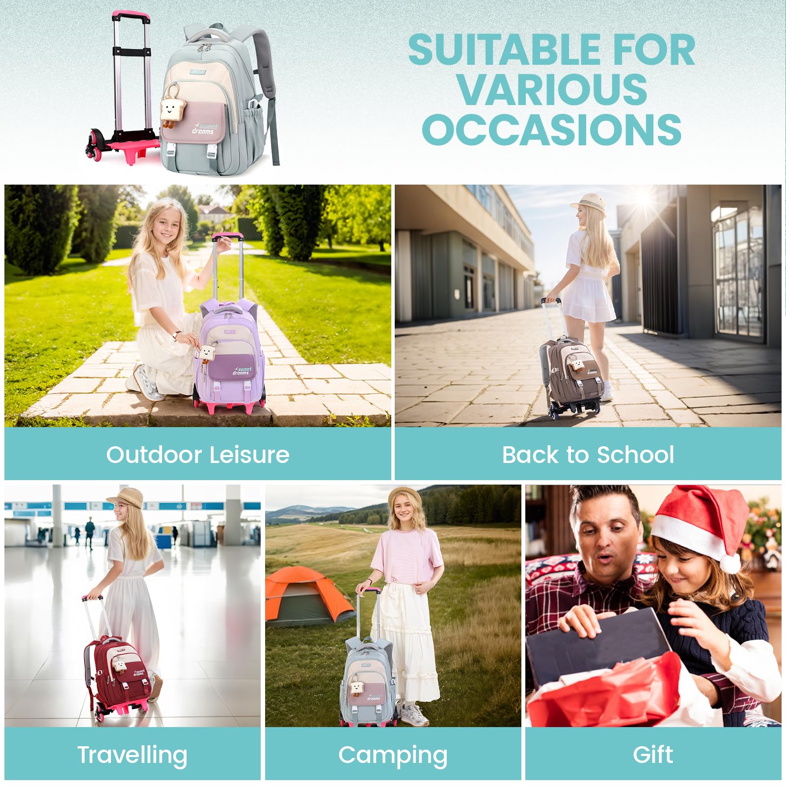 Amythe Zaino Trolley 2 in 1 per Ragazza Elementare Media, 6 Ruote, Verde | Zaino con Ruote per Ragazza, Zainetto Casual Adolescenti con Pettorina, con Ciondolo, Viaggio e Ritorno a Scuola