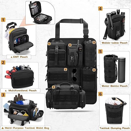Miniatura 3 de Organizador táctico para respaldo de asiento, funda universal para respaldo de asiento de automóvil con 6 bolsas Molle de diferentes tamaños, bolsa