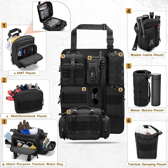 HODRANT Tactical Car Seat Back Organizer, Bags Only | Hanging Vehicle Back Seat Organizer with 6 Removable Molle Pouches, Universal Bag for Truck and Molle Accessories Bag