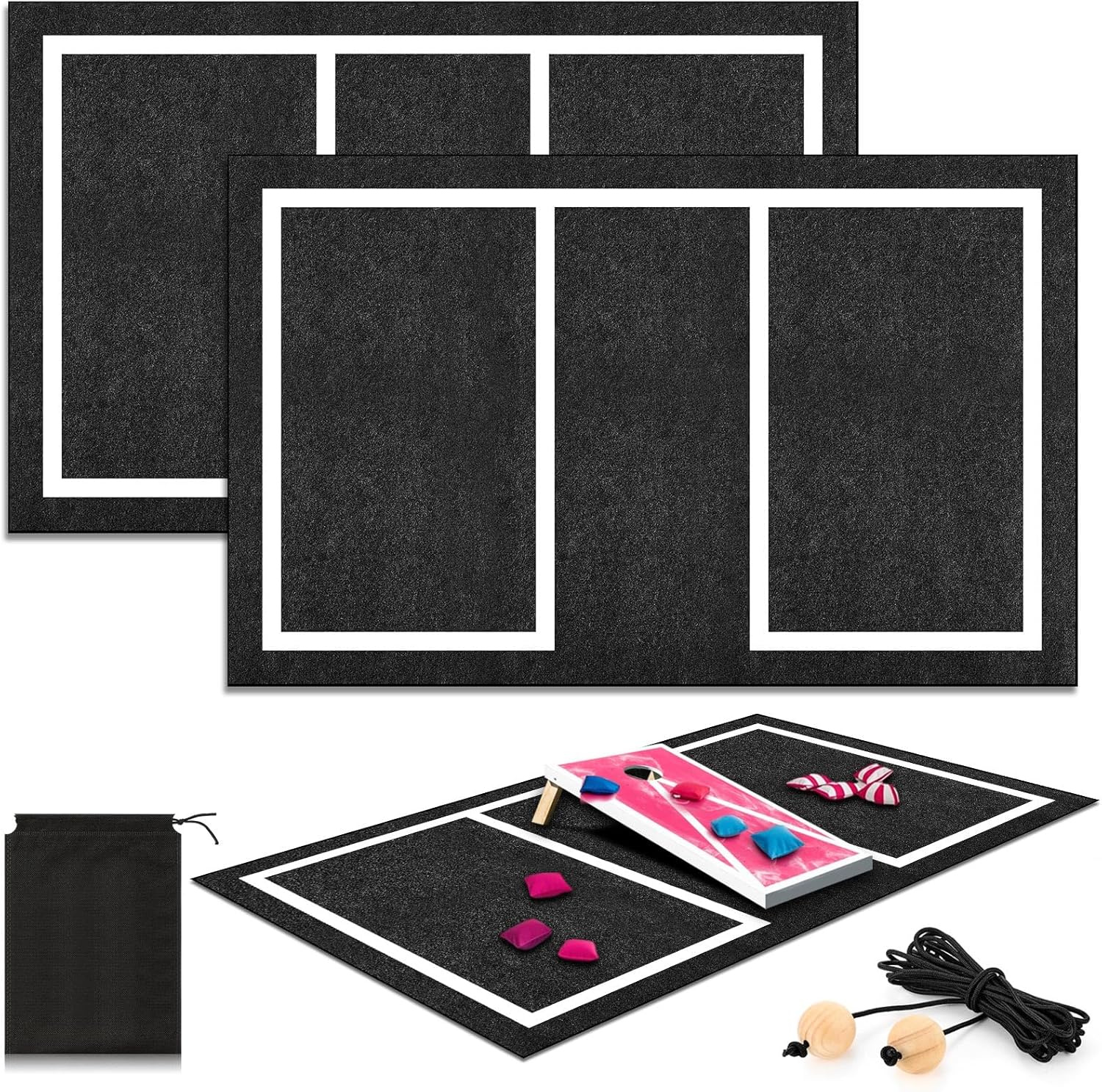 2 Pcs Cornhole Mats Set 60x96 Professional Cornhole Pitch Pad, Range Finder Tool Set, Non-Slip Board Game Mats for Under Boards Keep Tossing Bags Clean and Secure Footing