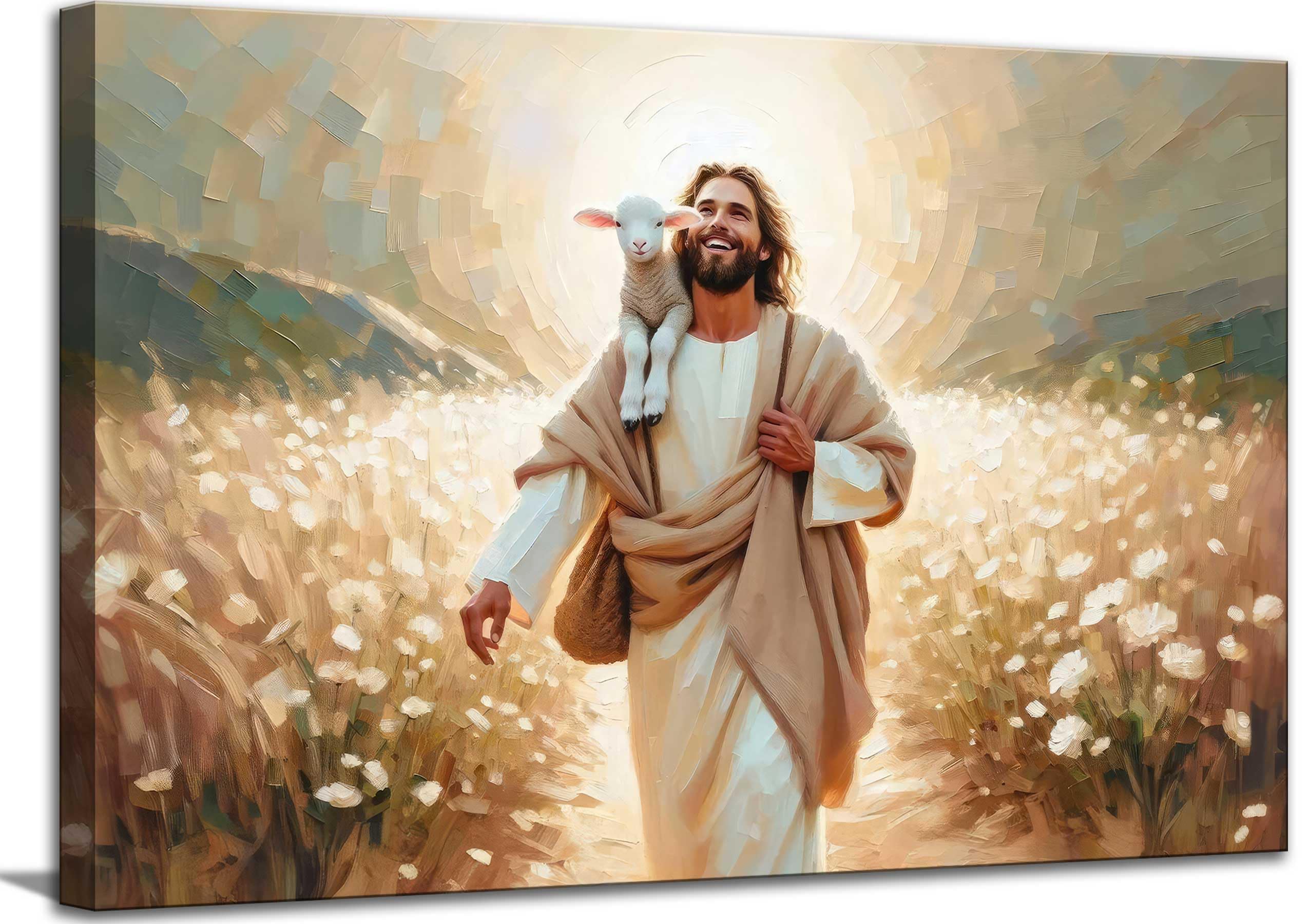 Jesus and Lamb Canvas Wall Art Jesus Saves the lost lamb Wall Decor Pictures Walking Among Flowers Painting Posters Prints for Dining Living Room Kitchen Wall Bedroom Decoration
